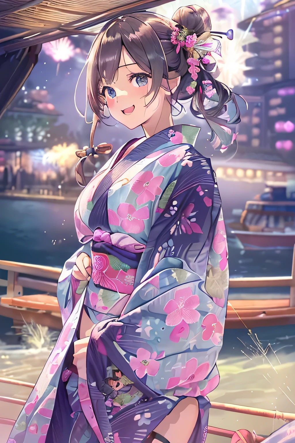 (highest quality:1.4)、High resolution、Detailed Background、(Detailed beautiful face:1.4)、Anatomically correct、(Depict the normal number of fingers:1.2)、(Detailed facial expressions)、Realistic、Beautiful fingers、age beauty、(Huge breasts:1.3)、Perfect body line、
cute hair color、Braided long hair、Hair Bun、Show off your attractive armpits、Accentuate your breasts、Accentuate your cleavage、Excited、(Underboob:1.3)、Pink lace panties、No bra、Yukata with vibrant colors and patterns、Cowboy Shot、
(Night view、firework、From the sightseeing boat:1.2)、
(The two beautiful girls rolled up their yukatas to show their panties.:1.5)、
Excited expression、Happy expression、sexual expression、Panty Shot、cute、cameltoe