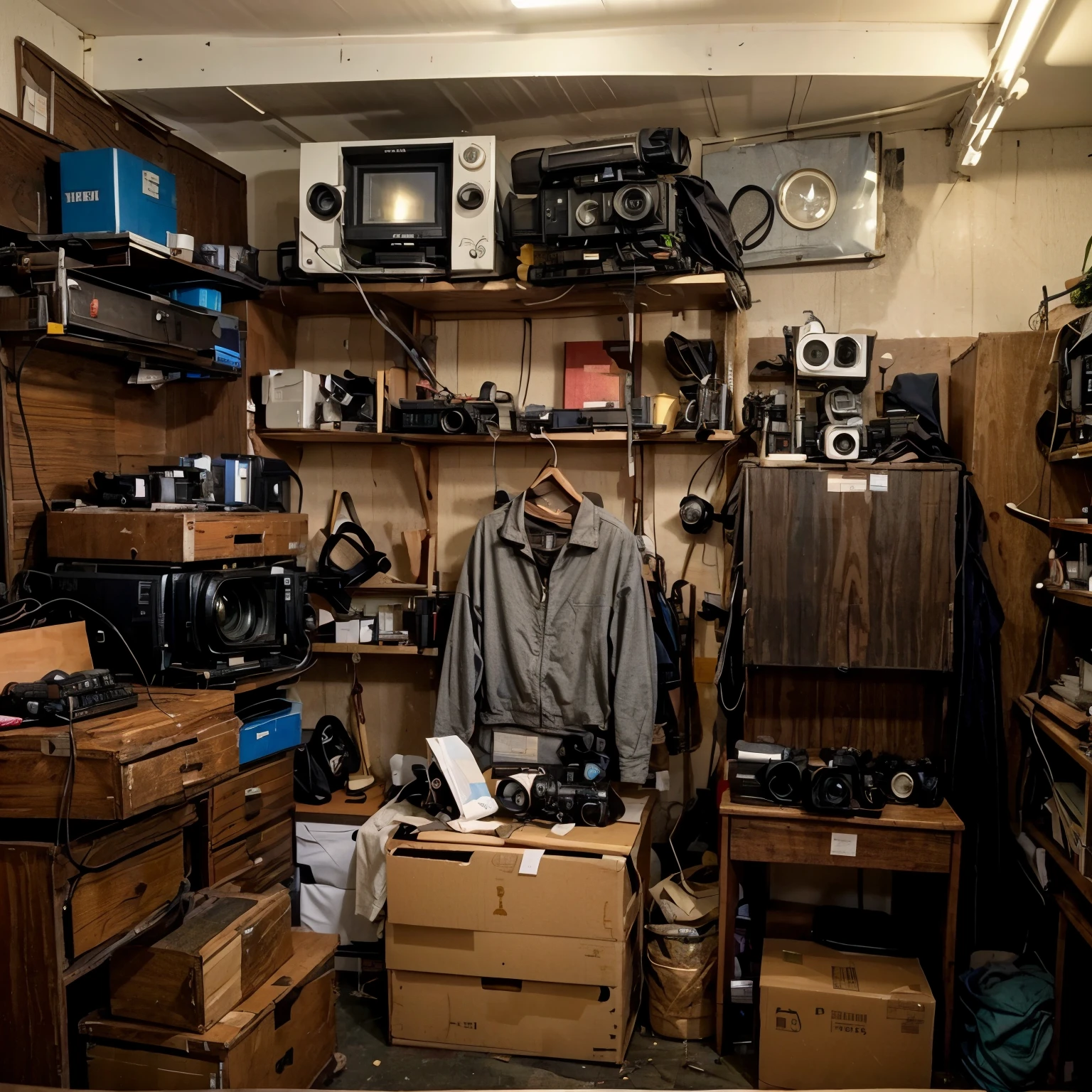 1950's A dark and dusty storage room,Various shooting equipment are neatly placed in the room(1950's camera、video recorder),There are boxes all over the floor(Some are filled with documents、camera、book),Looks like it's been taken care of carefully,Now it looks like a forgotten studio。