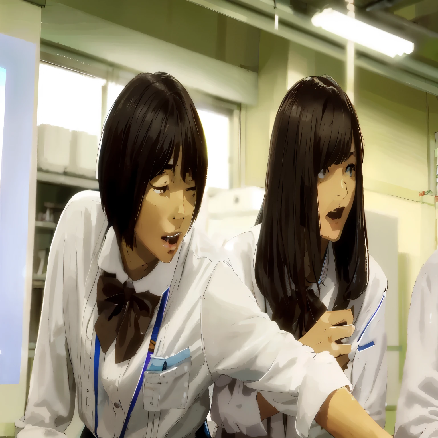 anime-style,Wearing white summer clothes and ribbons３Two Japanese high school girls looking at a laptop, Two Japanese female students posing, Ghibli Style in 2023, Japanese High School,Computer room , Kyoto Animation Style, Japanese High School制服, smile, mouth slightly open, Hair color is black ,high resolution,Current Anime