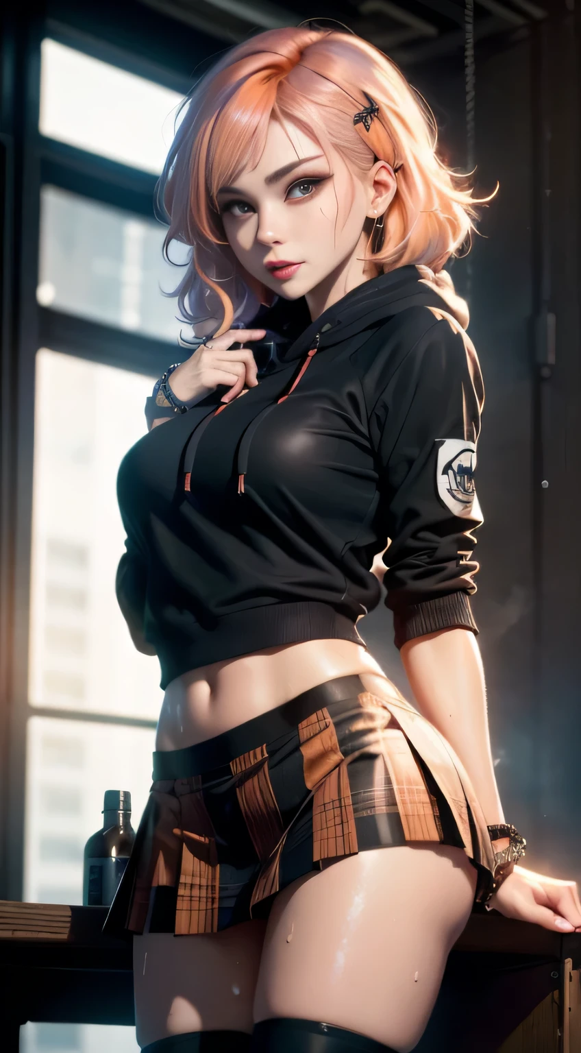 (National Foundation),professional women photography, On the table, Large target, 1 woman, Artistic Background、flirt, Different lenses, (sweat bracelet: 1.3), Blurred Background, Beautiful woman photo, ((Black gangster style)), panty shot,Open front end, skirt, ((black hoodie, peach-colored hair)), Practical, Beautiful lips, Brown eyes, Black plaid pleated skirt, highest quality, Ultra Detailed, naughty angle, long eyes, mature beautiful face, Seductive eyes, Backlighting,Different actions
