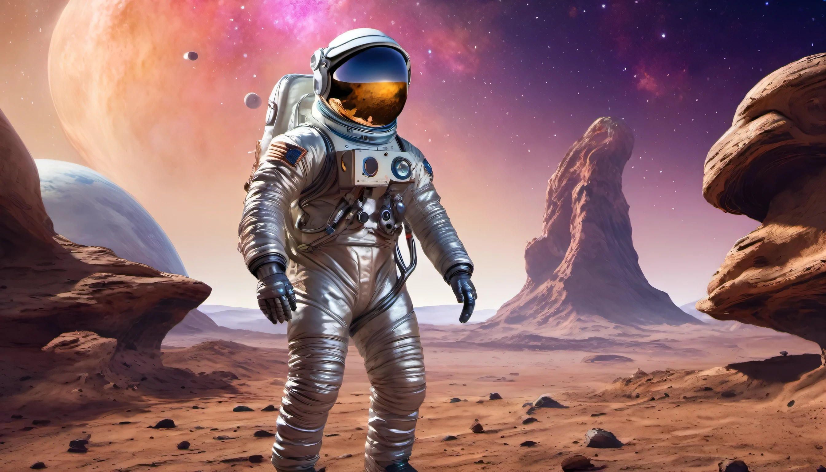 An astronaut dressed in a spacesuit stands on an alien planet. The surroundings are surreal, with strange rock formations and a starry sky stretching to the horizon. The astronaut raises a gloved hand, making the peace sign toward the camera. Their posture is relaxed, suggesting curiosity and tranquility in the face of the unknown. An aura of discovery and harmony permeates the scene as the astronaut represents humanity exploring and seeking peace beyond the bounds of Earth.