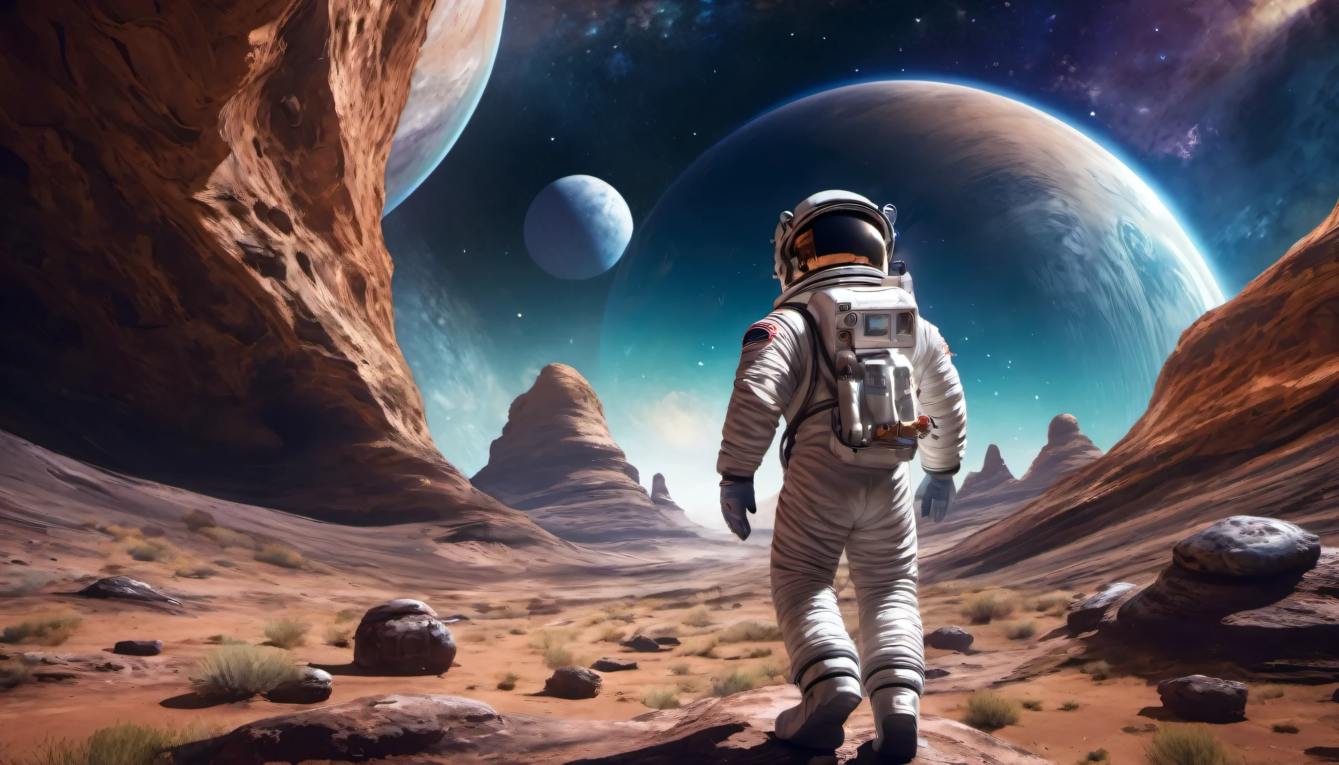 An astronaut dressed in a spacesuit stands on an alien planet. The surroundings are surreal, with strange rock formations and a starry sky stretching to the horizon. The astronaut raises a gloved hand, making the peace sign toward the camera. Their posture is relaxed, suggesting curiosity and tranquility in the face of the unknown. An aura of discovery and harmony permeates the scene as the astronaut represents humanity exploring and seeking peace beyond the bounds of Earth.