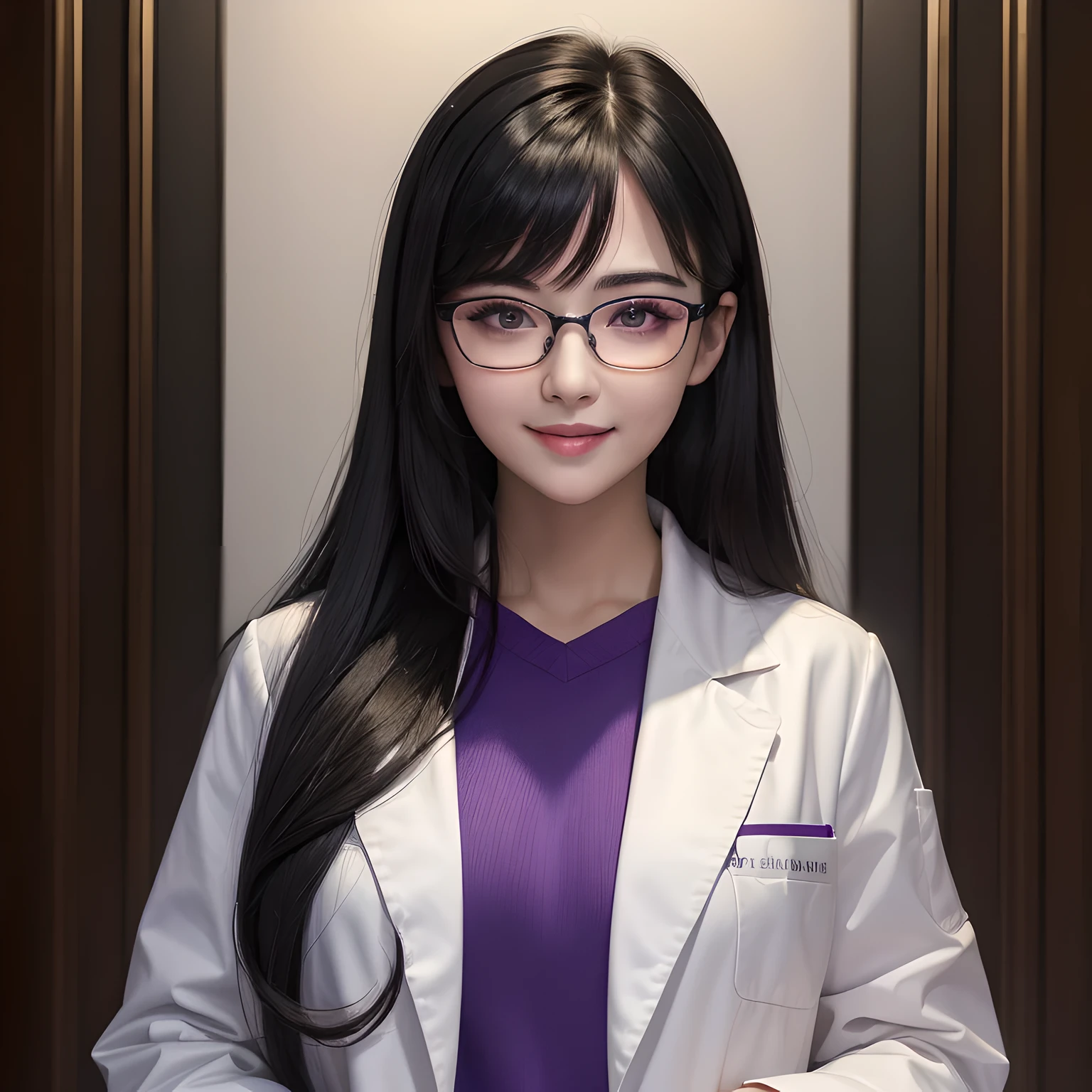 (masterpiece, best quality:1.4), facial detail, hair detail, detailed beautiful eyes,1girl, solo , (black hair, long hair:1.2),bangs (glasses with purple frames :1.2), light smile, white doctor’s coat, ((front facing:1.1)),looking at viewer,