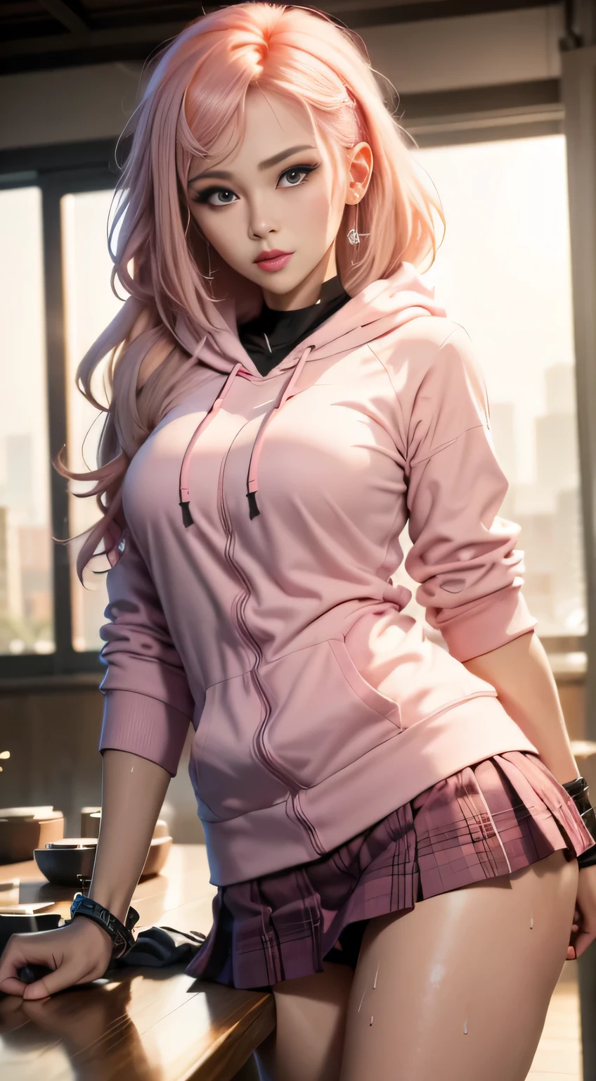 (National Foundation),professional women photography, On the table, Large target, 1 woman, Artistic Background、flirt, Different lenses, (sweat bracelet: 1.3), Blurred Background, Beautiful woman photo, ((Pink gangster style)), panty shot,Open front end, skirt, ((pink hoodie, peach-colored hair)), Practical, Beautiful lips, Brown eyes, Pink plaid pleated skirt, highest quality, Ultra Detailed, naughty angle, long eyes, mature beautiful face, Seductive eyes, Backlighting,Different actions