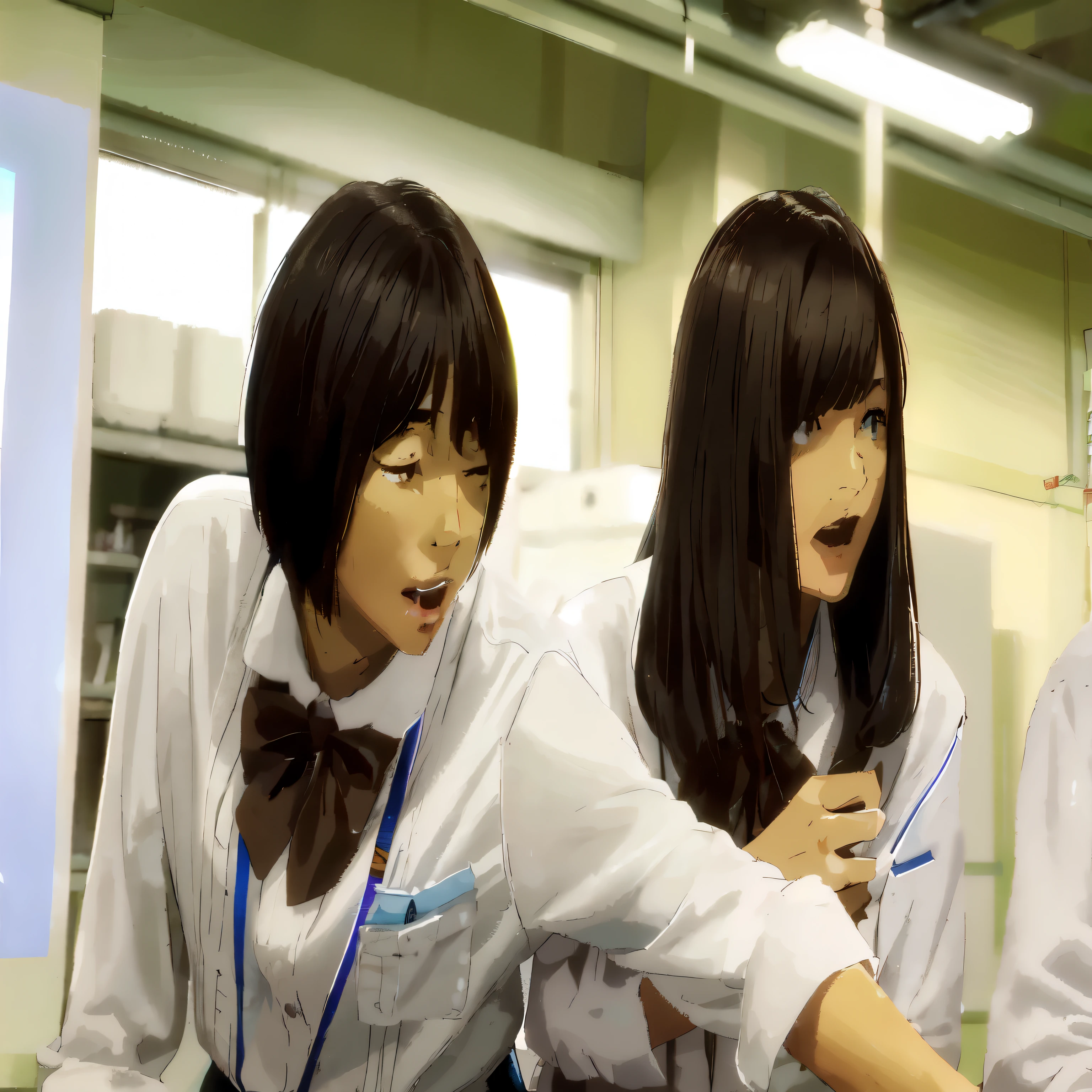 anime-style,Wearing white summer clothes and ribbons３Two Japanese high school girls looking at a laptop, Two Japanese female students posing, Ghibli Style in 2023, Japanese High School,Computer room , Kyoto Animation Style, Japanese High , smile, mouth slightly open, Hair color is black ,high resolution,Current Anime