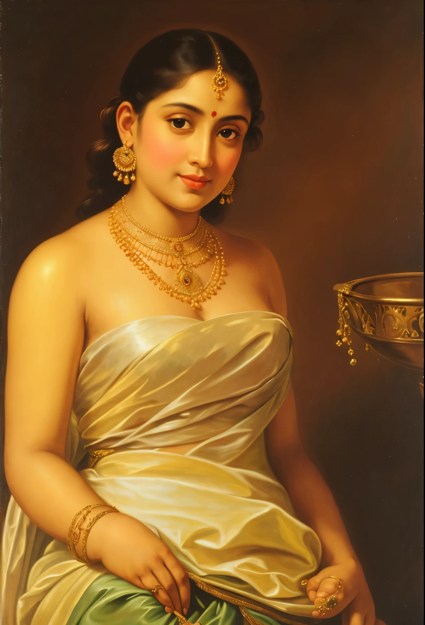 Looks like Jannat Zubair, Beautiful Indian Woman, wearing saree, sari Beauty, gorgeous, Apsara, Maharani, royal queen woman, nymph from Hindu Mythology, Urvashi, matchless beauty, Highly detailed, Oil Painting by Peter Paul Rubens inspired by Raja Ravi Varma, Matchless beauty, captivating, gorgeous, heavenly beauty, celestial beauty, by Peter Paul Rubens, 13, realistic, hyper realistic, micro details, incredible artwork, insane details, ultra High resolution, 8k, 32k, acrylic on canvas, intricate, flawless, detailed, detailed face, detailed eyes, masterpiece, by Peter Paul Rubens, by Caravaggio, by William Adolphe bouguereau, perfect face, perfect body, beautiful art, realism, baroque, renaissance Art, highly textured, beautiful and detailed eyes, uhd, best quality,