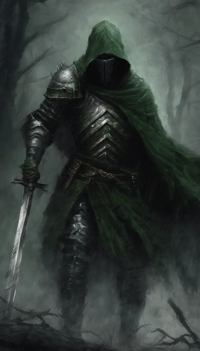 Create an impressionistic painting of a creepy warrior knight wearing a torn green hood that covers his helmet, The warrior Knight He carries a greatsword on his back, and his fists are clenched, nieve, Cosmic ash, artistic, intrincado, A gray wind that surrounds the warrior