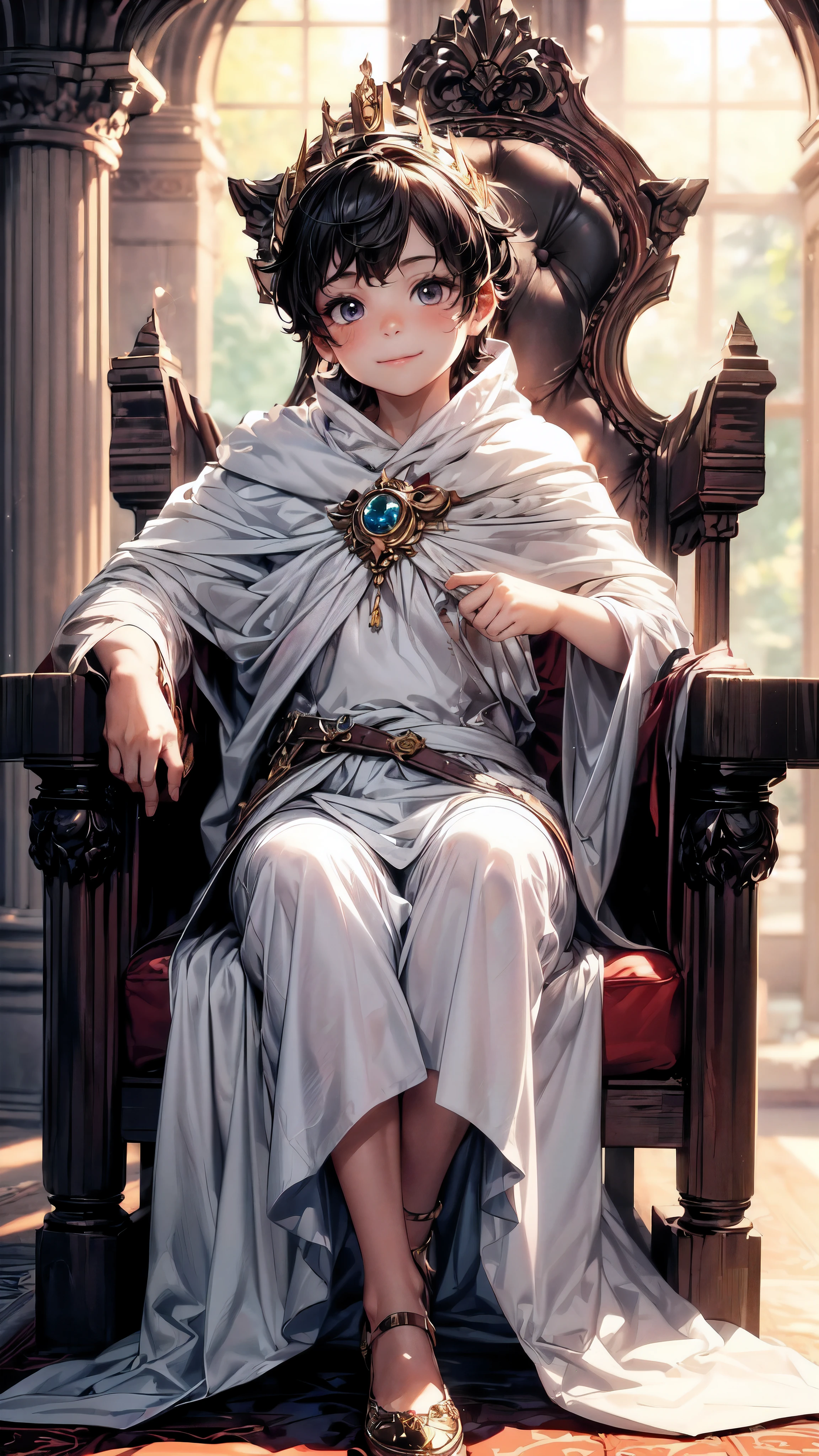 (best quality,4k,8k,highres,masterpiece:1.2),ultra-detailed,(realistic,photorealistic,photo-realistic:1.37), (solo), A cute very  (boy:1.1) wearing a white cloak and a (very long silk long dress:1.1), prince, (best wrinkle, best shadow), (White long stockings), soft curly hair, sparkling eyes, (curious sparkling eyes, innocent smile, cheeks rosy with happiness), dainty silver crown on his head, (Sitting on an exquisite and solemn throne), In the magnificent palace, bathed in warm golden sunlight, creating a dreamy and magical atmosphere.