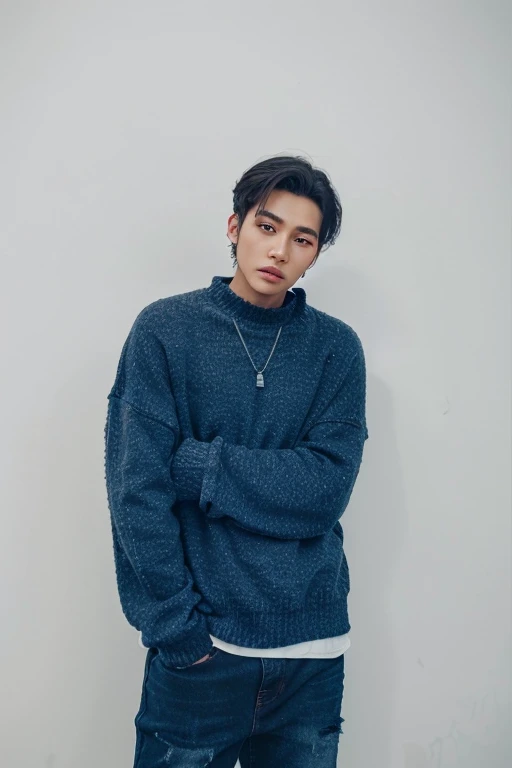 detailed, korean two block hairstyle, black sweater oversize, cute handsome boy, no shirt, no tattoo, silver necklace, round face shape, graffiti background, ripped jeans, iphone lens, grey wall background, white skin