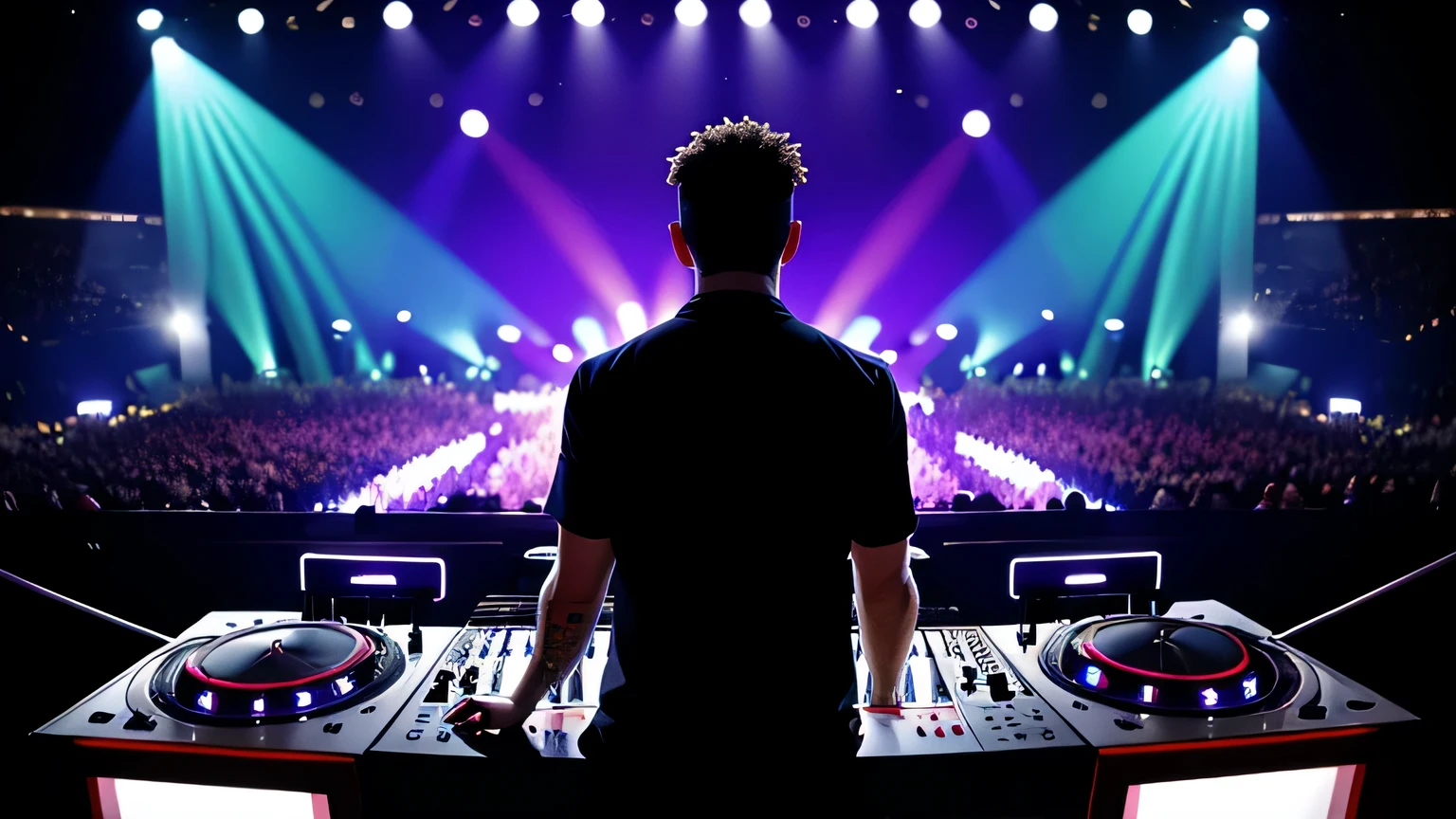 The DJ is performing on the big stage. Back view