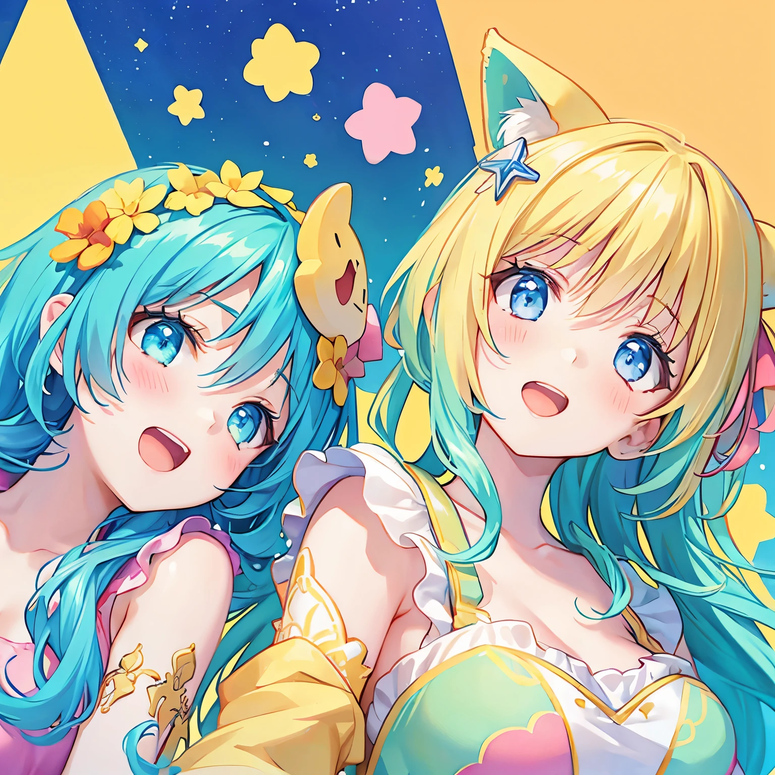 masterpiece, (Two girls and two girls and two girls and two girls), Idol, close, Big eyes, cutetech, cute, cute, pastel colour, highest quality, Happy, Deep Background, Symmetric, Tilt your head, summer, cover, title