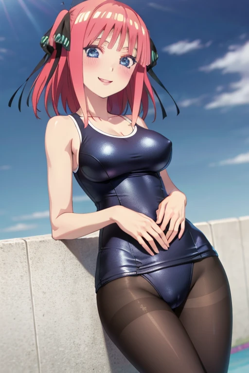 best quality, ultra-detailed masterpiece, anime art style, cute characters, nino nakano, one-piece swimsuit, large breasts, pantyhose, blush, smile