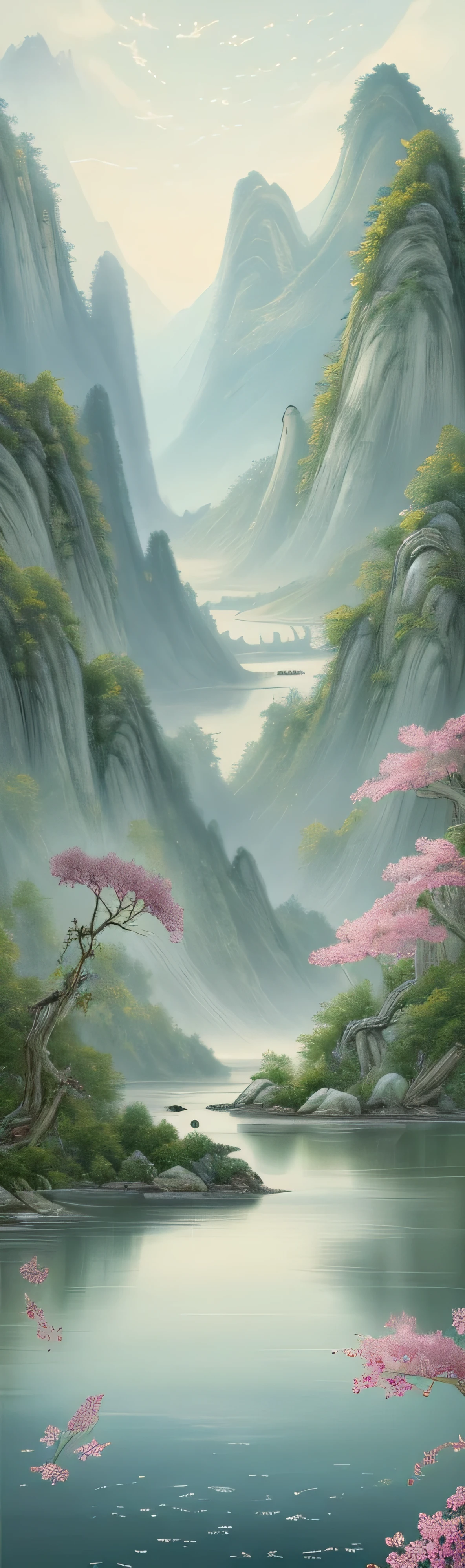 Ancient Chinese Ornate Embroidery Silk Art，Chinese，Chinese Zen Tea Culture and Art，Chinese art style，Ink blending，Fresh tones，There are several white orchids in the white jade vase，Money Embroidery，In line with ancient Chinese aesthetics，（masterpiece，high quality，Highest image quality），Chinese classical cultural symbols，rich，noble，Chinese style，Chinese style beauty，Money、Jade jewelry，Background of auspicious clouds and beautiful river and mountain scenery，Ink blending，Light particle effects，Large game CG scenes，The majestic momentum of oriental aesthetics，Auspicious and festive meaning，Otherworldly atmosphere，Stunning graphics，Fine details，Large commercial style，Classical Chinese art，HD images，16K，Background Bokeh，Deep View，Overclocked rendering，Breathtakingly beautiful，majestic and beautiful，The art of quiet elegance，HD Digital Art，Gorgeous and beautiful illustrations，Chinese elements，The perfect combination of fantasy and reality，Rich picture layering，Light Painting Blooms，Light particle rendering，Surreal，bright, Romantic and beautiful light，Soft warm light，Beautiful Art，Ultra HD 8K，Stunningly beautiful wallpaper background artwork，8K Detail, 8k HD wallpaper illustration，High detail digital art