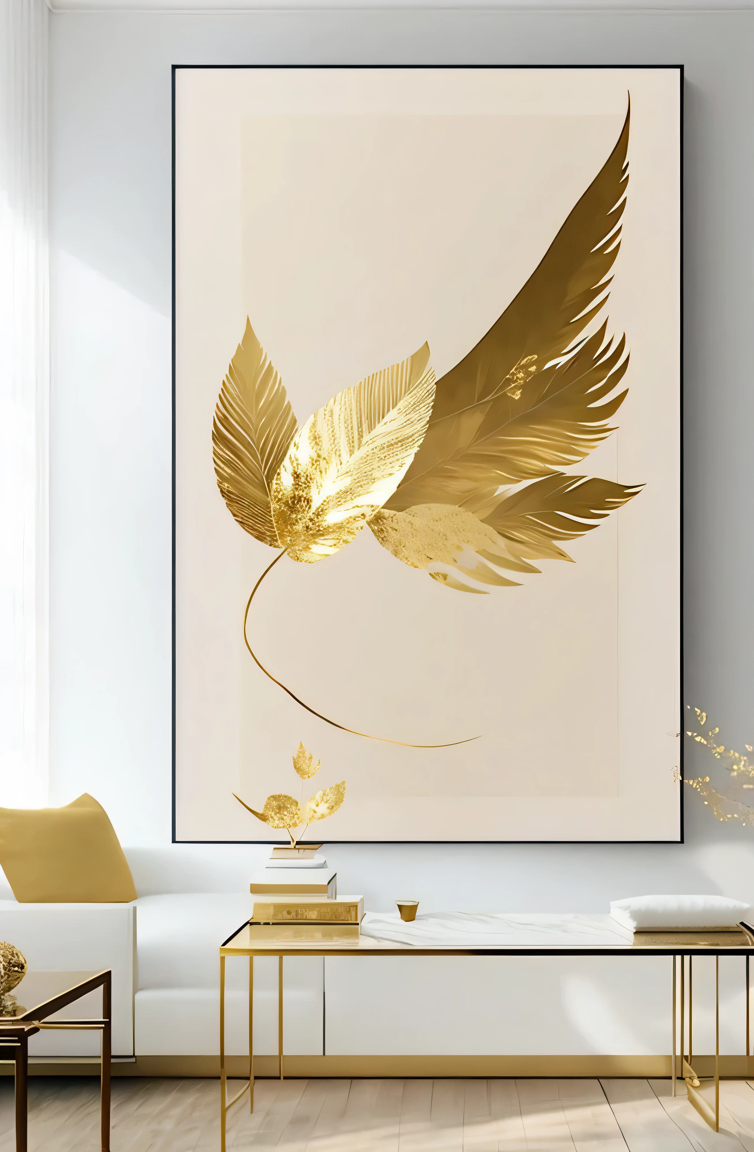 There is a photo of the living room,There is a sofa and a painting, Canvas Art Prints, Gold Leaf, gold leaf painting, gold leaf art, touch of gold leaf, Rich texture ), The paintings are elegant and delicate, gold leaf, golden feathers, High quality 16k digital art, Clean and elegant painting, Modern Art Style, canvas painting, Hours 576