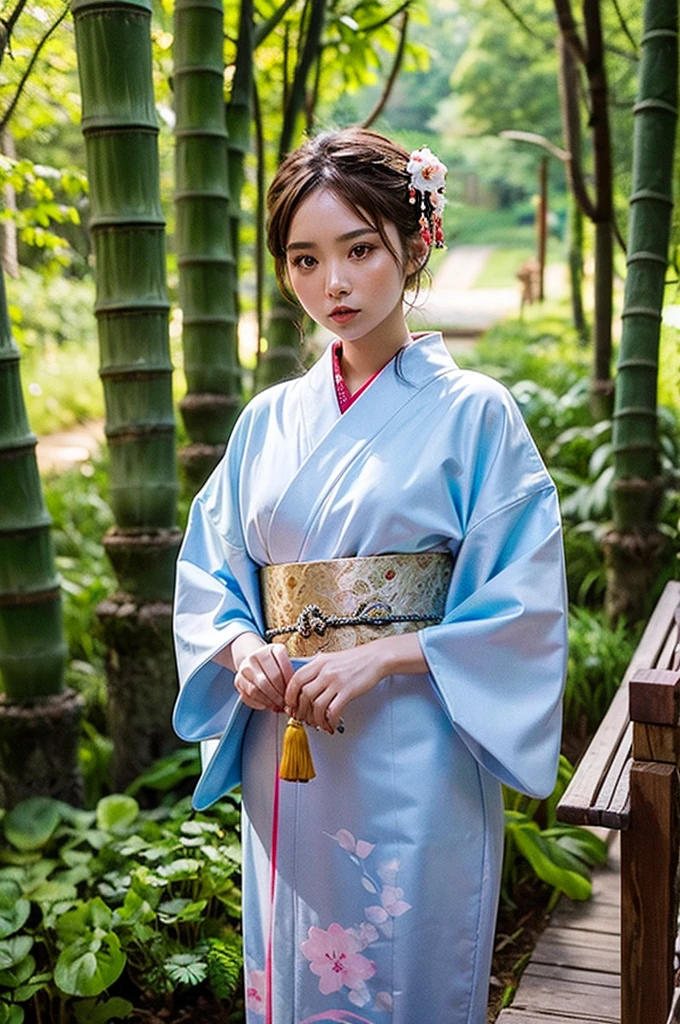 beautiful detail, best quality, 8k, highly detailed face and skin texture, high resolution, beautiful japanese girl in kimono at bamboo forest, sharp focus