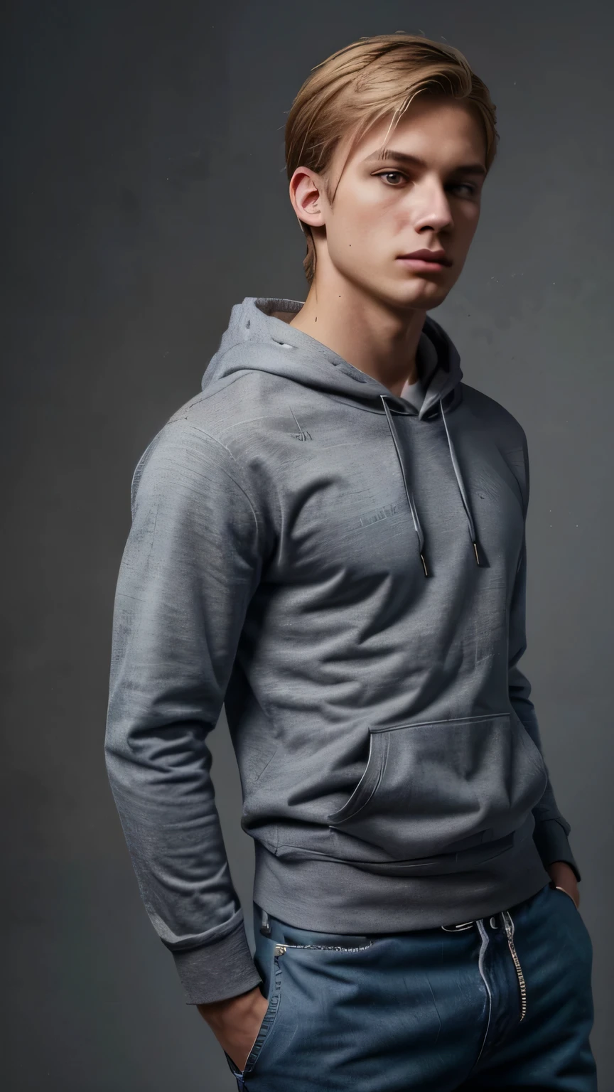 photo ((full length)), Color photo of a young blond European man.(((Dominic Sadoch))) in a dark hoodie and faded denim trousers, in profile, image on a gray background(Best quality: 1.5), High quality, realistic, detailed,