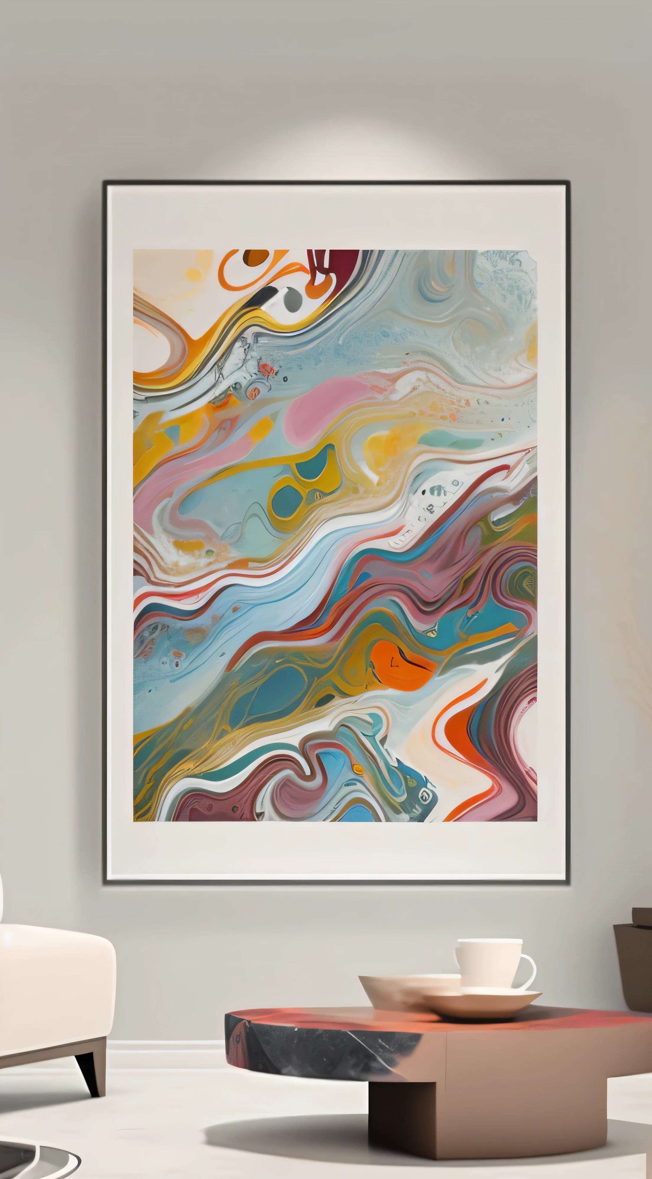 There is a painting on the wall above the coffee table, Abstract Liquid Acrylic Art, Organic Acrylic Flow Art, abstract paintings. 8k, Intricate flowing paint, liquid marble fluid painting, Canvas Art Prints, pop digital art, painted digital art, Super fine detail painting, acrylic pour painting, Fluid Acrylic Pouring Art, abstract acrylic painting, Abstract Maximalism