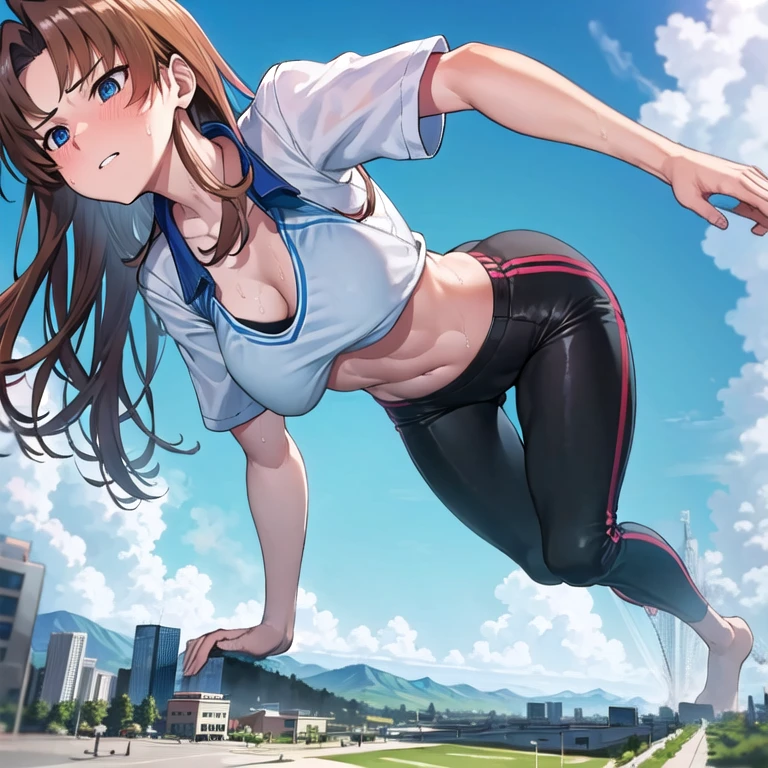 giantess, 1 rapariga, push ups, put your hands on the ground,On all fours,Exercising,character standing on a mountain top next to a city, Super huge high school girl bigger than a city, Pleasure, Trying to crush a miniature metropolis, blue eyes, ((destroyed city)), Wearing pink sportswear that shows off her cleavage, Wear black yoga pants underneath, stomach, navel, Long legs, Tightens abs, No chest leakage, crash city, tiny city, micro city, skinny pants, gym room, big assa, city, Sweat, Falling sweat, giga giantess, huge craters, ravines, cracks in the ground, earthquak, null, blue sky, City, Background on the street, (((The Girl Who Crushes the City))), first-person view, first-person view, anime, best quality, masterpiece, highres