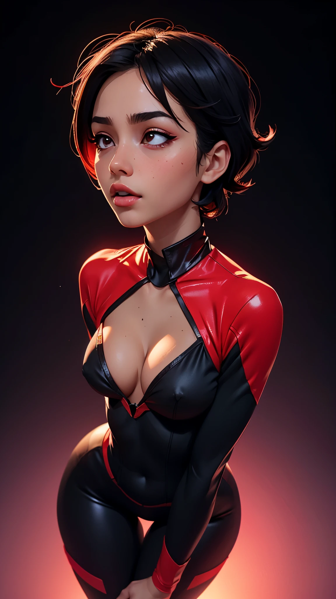 one asian girl, ada wong, solo, abs, slender body, (upper body, bust:1.2), black eyes, black hair, (red clothes, tiny breasts, small breasts, male chest, cleavage, exposed breasts, deep cleavage:1.5), bare shoulders, masterpiece, highly detailed, look at viewer, shiny blured orange background, gradient sprayed background, front view, gradient red purple background, blured background, glowing edges of image