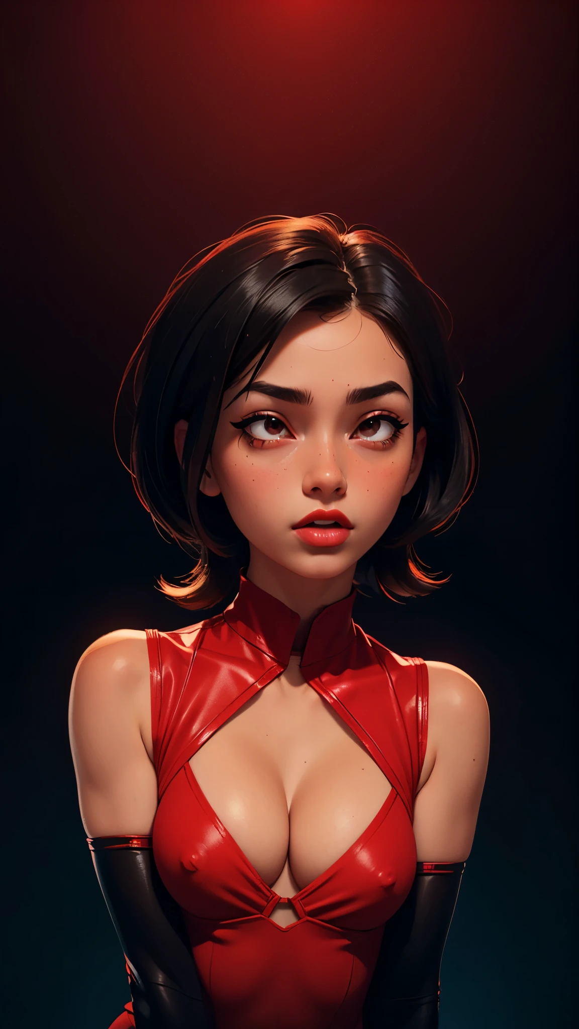 one asian girl, ada wong, solo, abs, slender body, (upper body, bust:1.2), black eyes, black hair, (red clothes, tiny breasts, small breasts, male chest, cleavage, exposed breasts, deep cleavage:1.5), bare shoulders, masterpiece, highly detailed, look at viewer, shiny blured orange background, gradient sprayed background, front view, gradient red purple background, blured background, glowing edges of image