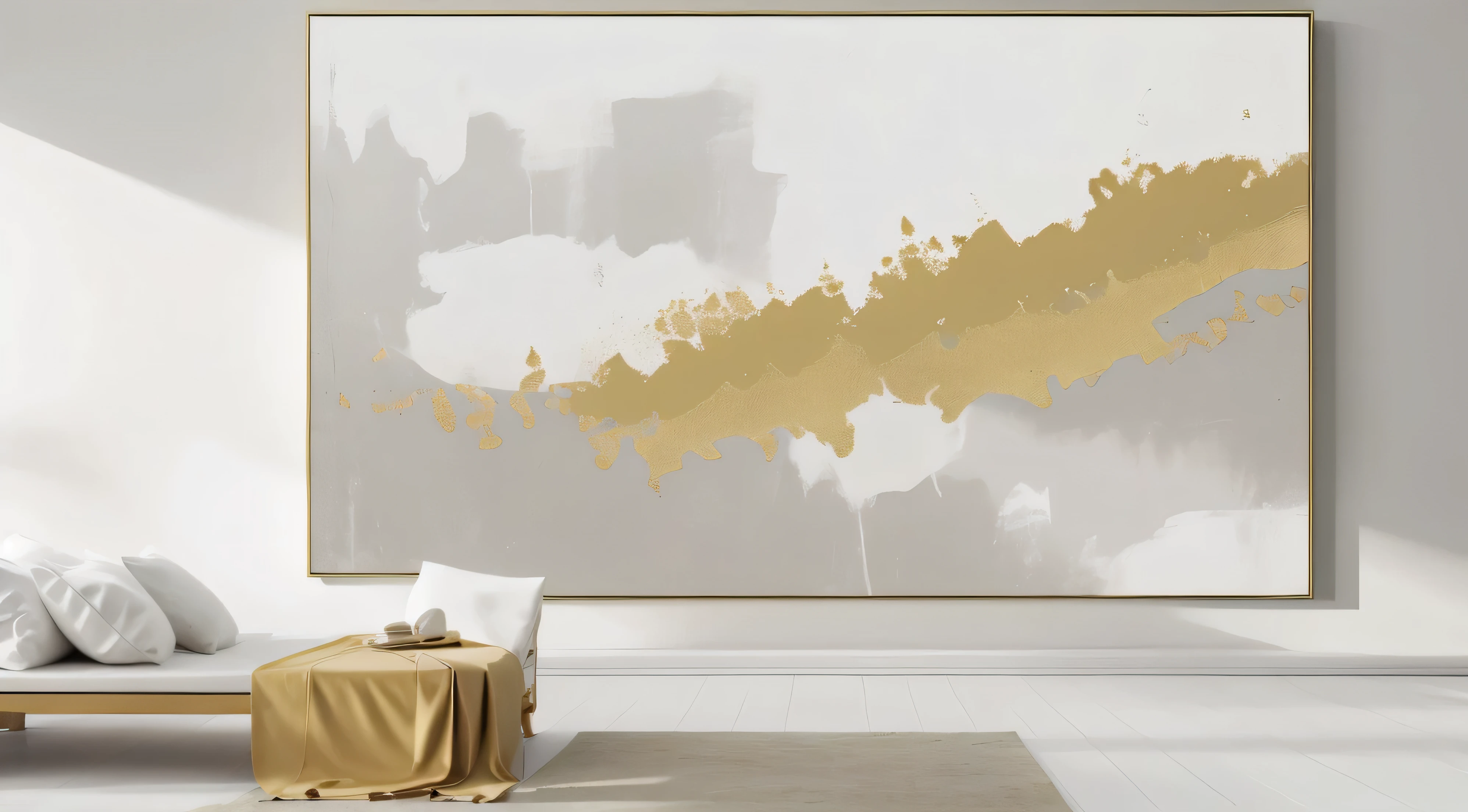 Close-up of a painting on the wall，There is a bowl and a vase in the painting, canvas art print, touch of gold leaf, golden feathers, gold leaf painting, gold leaf art, Gold Leaf, Rich texture ), gold leaf, The paintings are elegant and delicate, Clean and elegant painting, touches of gold leaf, canvas painting, canvas art, Textured Canvas, Nitric Acid Oil Painting
