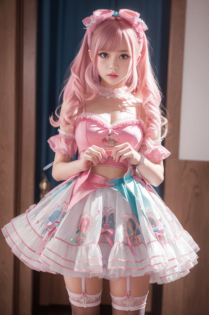 An unparalleled masterpiece, Ultra-Real 8K , Perfect artwork、British Teen Cultural Fashion、Garter Stockings、Sexy and colorful、shocking pink、((mini skirt))、Frills、Glitter Fashion for Women、Detailed face、Perfect Face、Perfect Eyes、High Detail