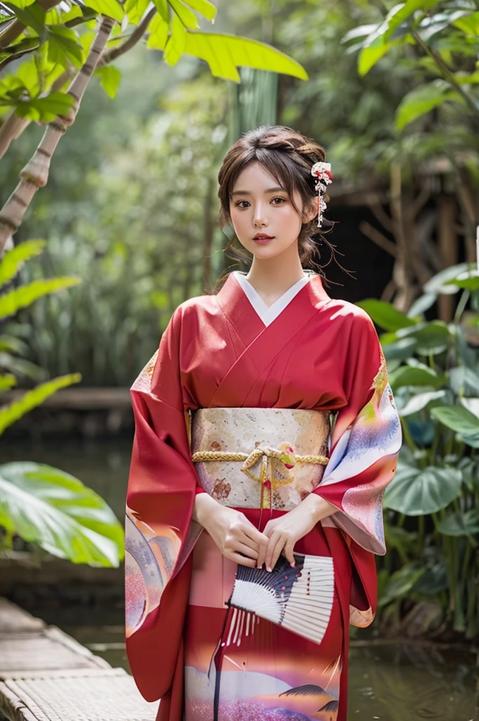 beautiful detail, best quality, 8k, highly detailed face and skin texture, high resolution, beautiful japanese girl in kimono at bamboo forest, sharp focus