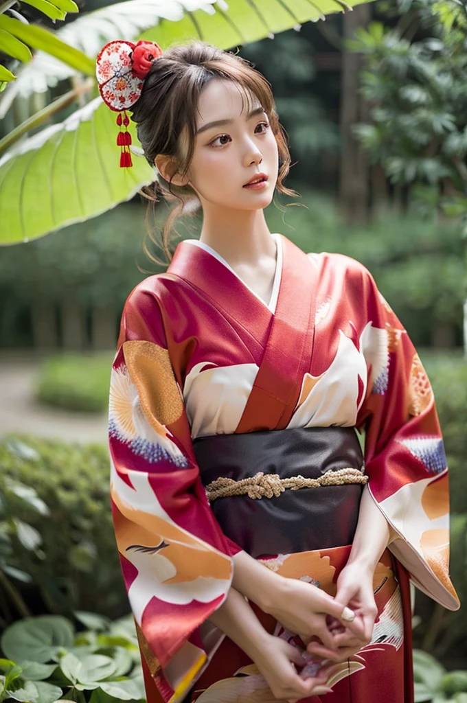 beautiful detail, best quality, 8k, highly detailed face and skin texture, high resolution, beautiful japanese girl in kimono at bamboo forest, sharp focus