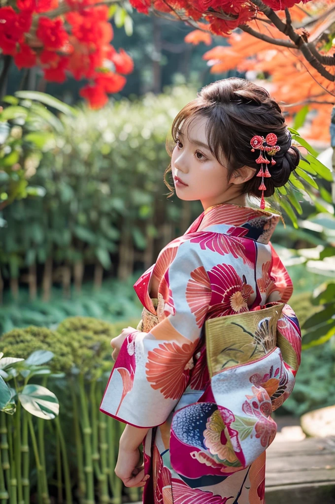 beautiful detail, best quality, 8k, highly detailed face and skin texture, high resolution, beautiful japanese girl in kimono at bamboo forest, sharp focus