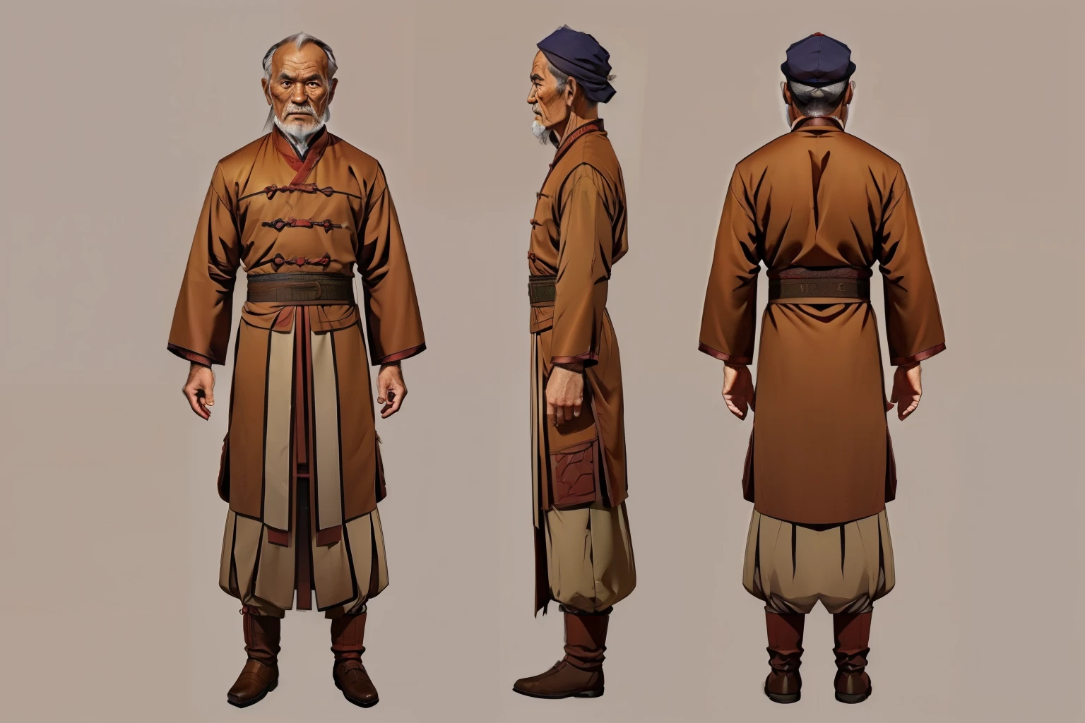 ((three sided view,full bodyesbian,background,multiple views,A high resolution)),Brown clothes,Old Man,Chinese male farmers,  full body character concept, Detailed character design, China costume