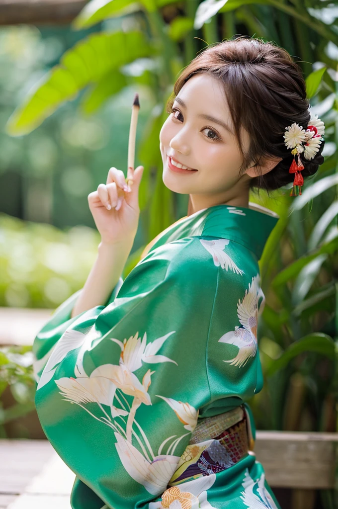beautiful detail, best quality, 8k, highly detailed face and skin texture, high resolution, beautiful japanese girl in kimono with smile at bamboo forest, sharp focus