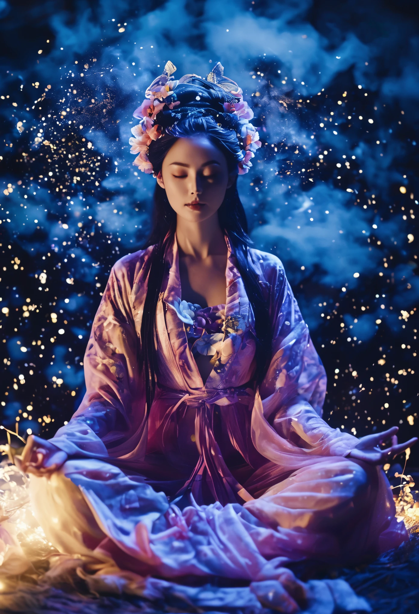 fullbody Photography of lotus pose girl,Raw, cinematic shot, (sharp focus:1.5), (photorealistic:1.4), twilight lighting, volumetric lighting, ultra high res, 16K,dramatic lighting, abstract backgrounds:1.5)(zentangle,datura,Tangles,entangled:0.7)Kitsune witch,kitsune mask,Haori jacket, foxfire spell, fox family, transformation, depth of field, Fantastical Atmosphere, The most beautiful form of chaos, ellegance, Dark theme of Fauvist design, Flower of Death, Flowers of ecstasy,Glowing Line,Glow Example,Tracking example,flash, Backlight,translucent,light particles
