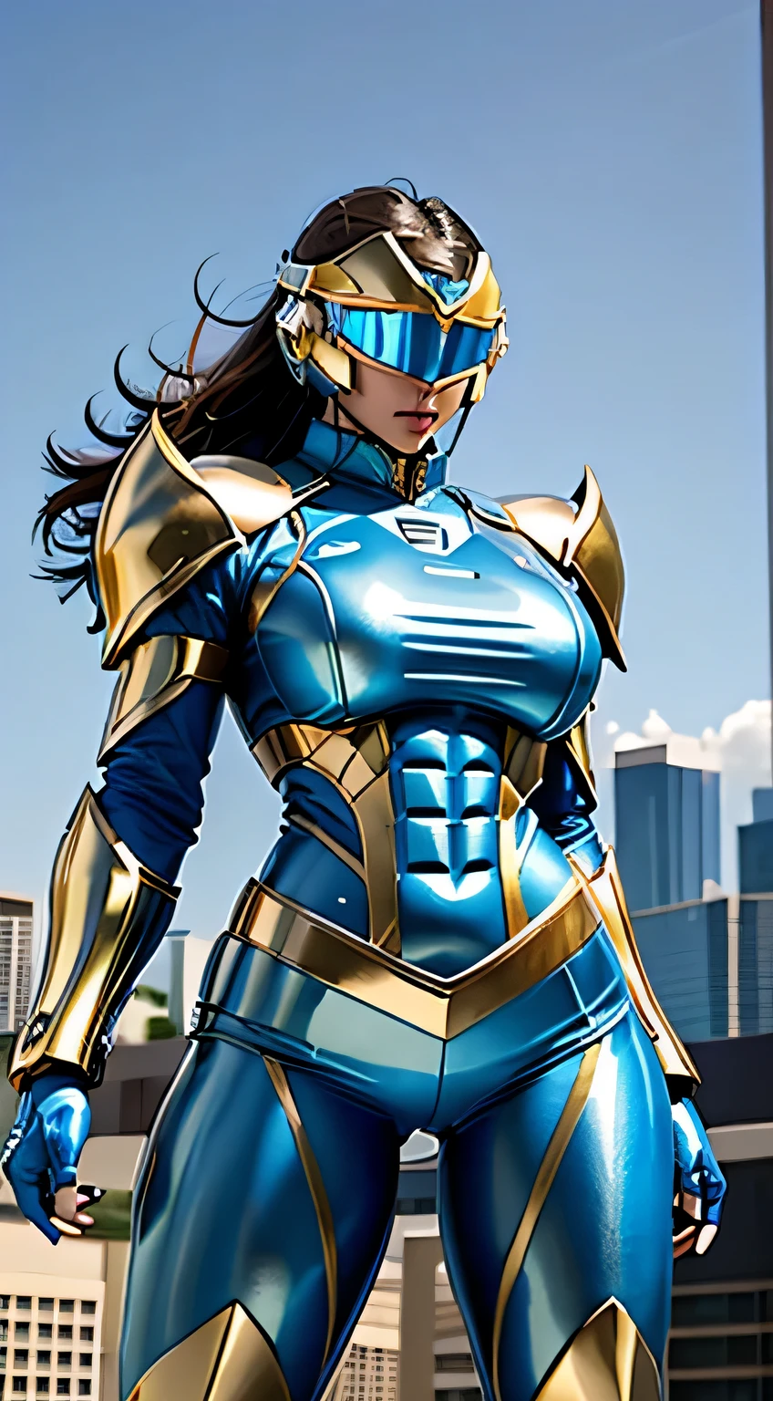 Female Robocop Solo、bright outdoors、strong light source、8K, high quality, masterpiece, 最high quality、very detailed、Armor that completely covers the whole body、very large armor、Helmet covering the head、clear pictures、The eyes are hidden by thin, straight goggles:1.3、The lower half of the face is raw:1.5、The lower half of the face is exposed、Luscious lips、Sky blue metallic armor with gold lines、Armor that completely covers the chest、Long, slender legs、Vibrant posel body view,Big and ample breasts:1.5, (Sports Body:1.5)、Five Fingers、Photos in the city