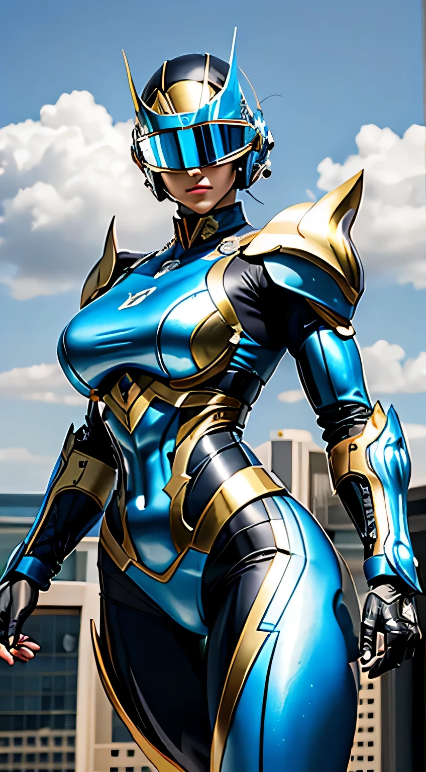 Female Robocop Solo、bright outdoors、strong light source、8K, high quality, masterpiece, 最high quality、very detailed、Armor that completely covers the whole body、very large armor、Helmet covering the head、clear pictures、The eyes are hidden by thin, straight goggles:1.3、The lower half of the face is raw:1.5、The lower half of the face is exposed、Luscious lips、Sky blue metallic armor with gold lines、Armor that completely covers the chest、Long, slender legs、Vibrant posel body view,Big and ample breasts:1.5, (Sports Body:1.5)、Five Fingers、Photos in the city