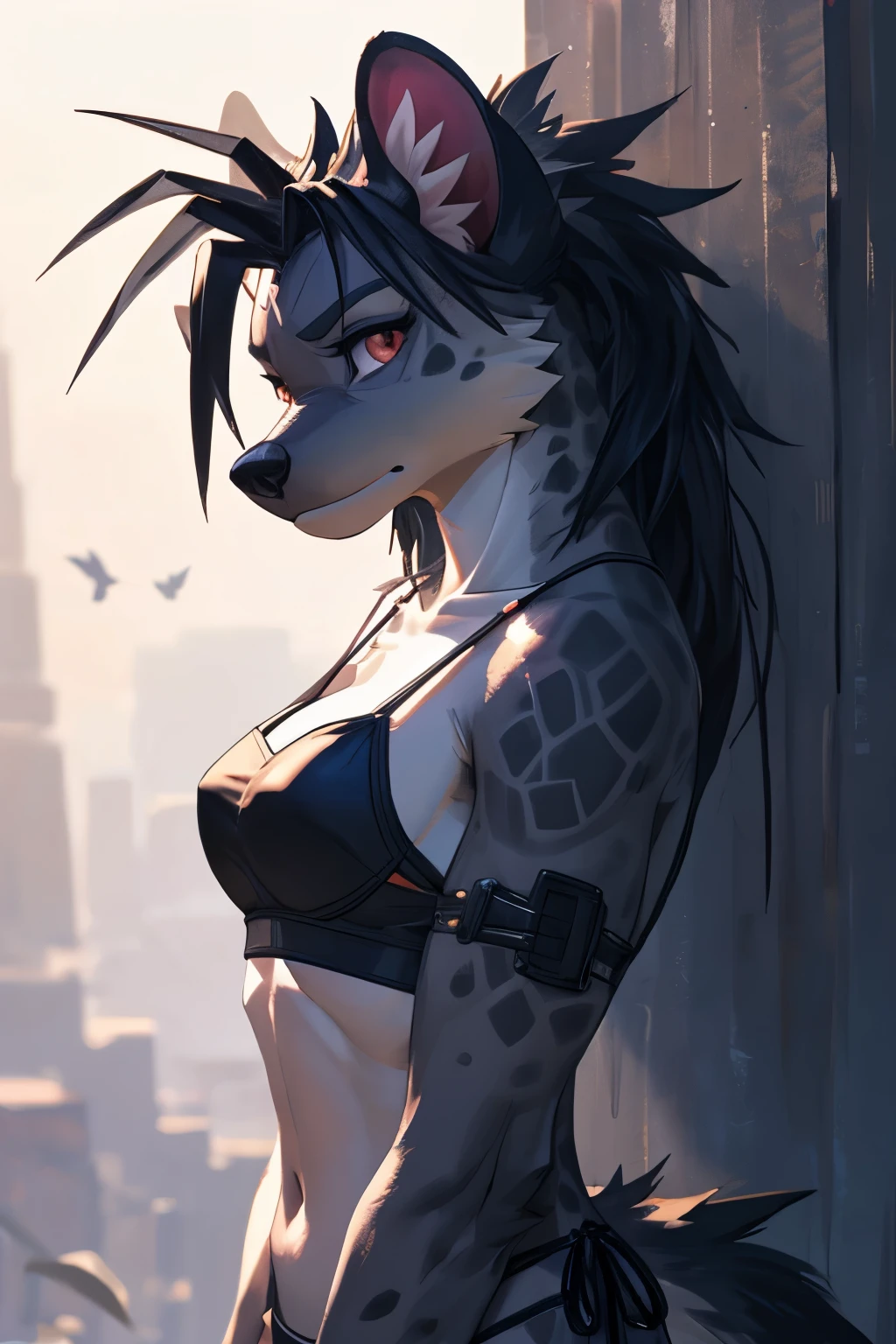 shenzi, antro femenino peludo, hyena girl, cuerpo completo, (bikini), ribete de piel, solo, (pelaje del cuerpo:1.2), (mejor calidad), Makoto shinkai, overwatch, (fondo de playa y mar detallado), dramatic lighting, (pelaje esponjoso detallado:1.1), mirando al espectador, small breasts, pose sexy, modelo, provocativa, commission, arte furry