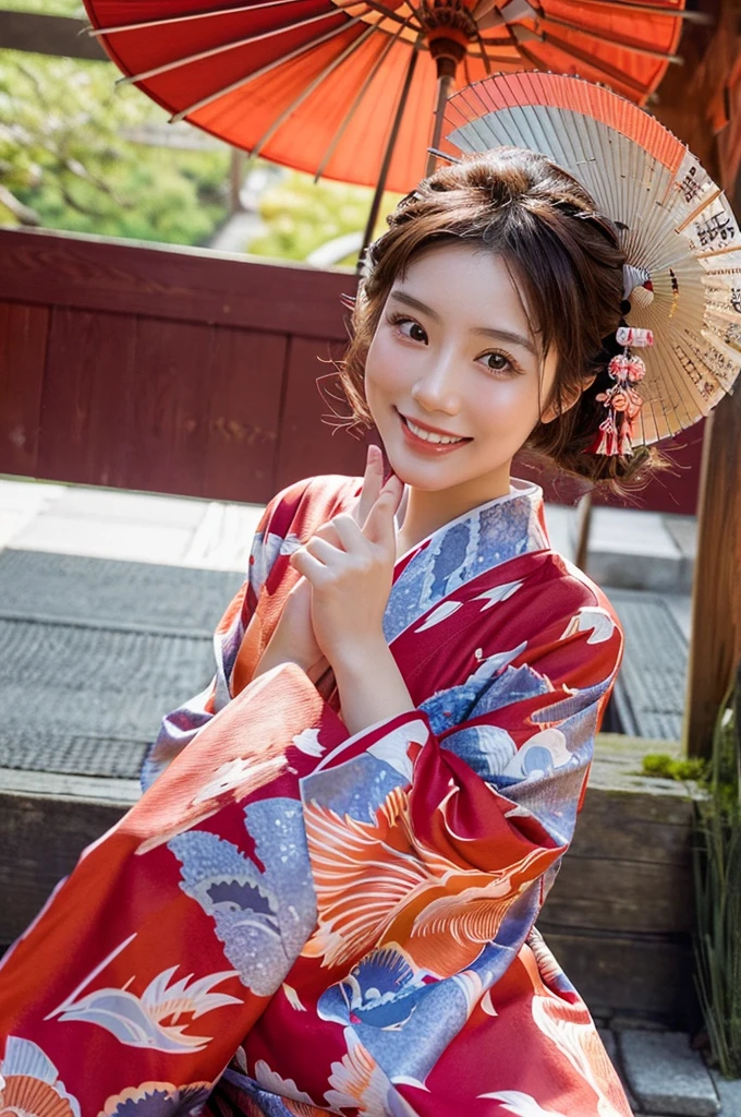 beautiful detail, best quality, 8k, highly detailed face and skin texture, high resolution, beautiful japanese girl in kimono with smile at japanese temple, sharp focus