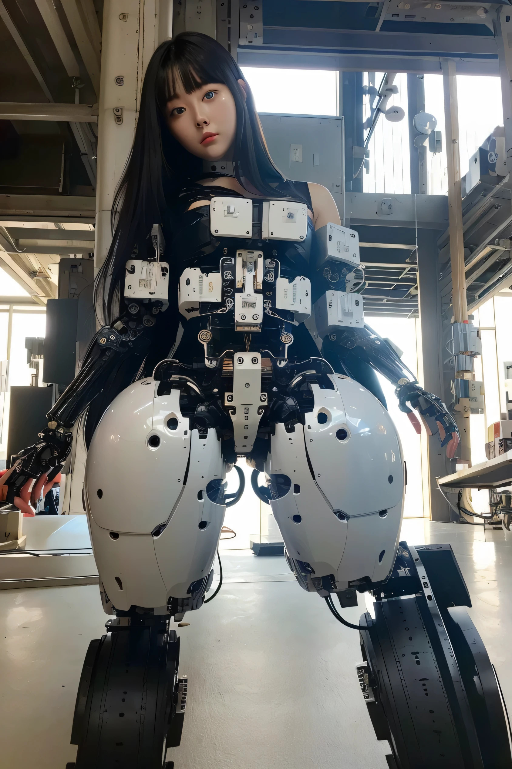 masterpiece, best quality, extremely detailed, 8K portrait,1girl in, Japaese android girl,android teacher,Plump , control panels,android,Droid,Mechanical Hand, ,Robot arms and legs, Black hair,Mechanical body,Blunt bangs,White Robotics Parts,perfect robot woman,Charging spot,Long Tube,A thick cable was connected to her neck,ceramic body ,android,robot humanoid,a bit chubby,panty,full eyes,perfect mechanical body,white robotics body,future assembly plant,white body,She has repaired,black sponge joints,android assembly plant,android,laboratory,perfect machine body,white robot body,blue eyes