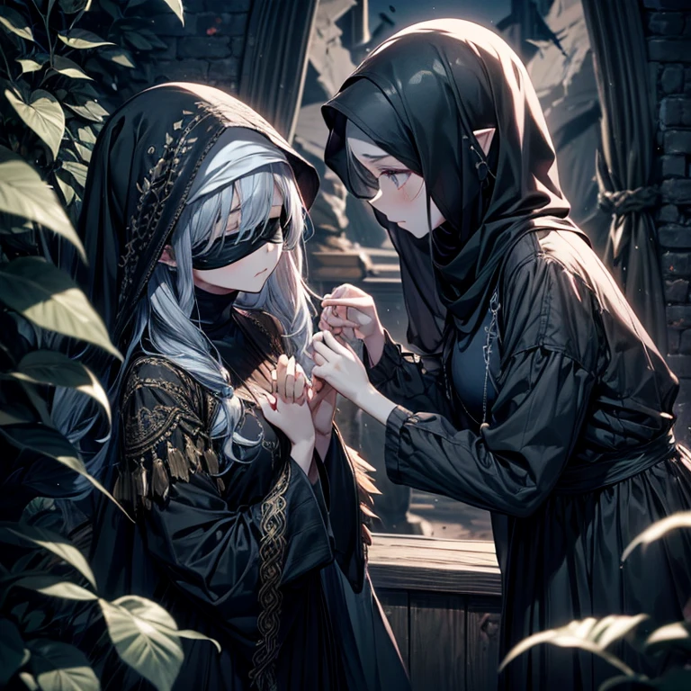 gorgeous, masterpiece, best quality, highres,4k, wallpaper, intricate, detailed, rpg, lord of the rings, dark room, indoor, poor, no money, small breast,Three Strand Braid hair, profile, not facing viewer.Muslim abaya, Masterpiece, Best Quality, High Quality, 1 blind little girl, children, young girl, poor,cloth blindfold, wear black Muslim abaya, praying, Medieval style, cloth cover eyes, (surrounded by grey light),, (Darkness:1.8), Abstraction, Award-winning photography, Depth of field, HDR, Very detailed, Trending in art stations, Trending in CGsociety, Complex, High detail,(Masterpiece:1.2, Best Quality), (dark Lighting, Very Delicate and Beautiful), (Beautiful Detailed Face), (Detailed Face:1.2), gray dark hair, pale skin, pointy_ears, thorns scar on hands, cross scar on body, sad face, innocent, not looking camera, looking to the ground, blindfold, not showing eyes, bonny, skinny body, small chest, lesbian