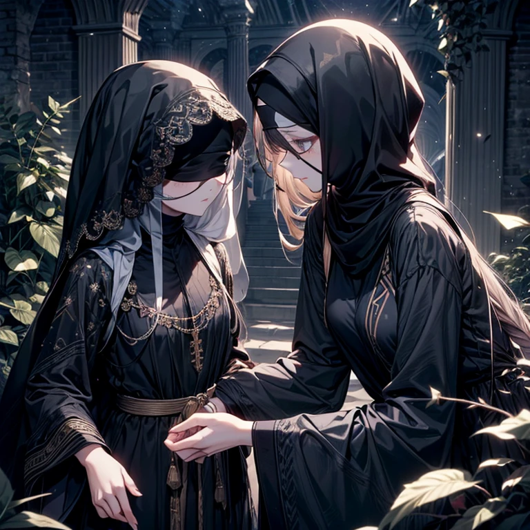 gorgeous, masterpiece, best quality, highres,4k, wallpaper, intricate, detailed, rpg, lord of the rings, dark room, indoor, poor, no money, small breast,Three Strand Braid hair, profile, not facing viewer.Muslim abaya, Masterpiece, Best Quality, High Quality, 1 blind little girl, children, young girl, poor,cloth blindfold, wear black Muslim abaya, praying, Medieval style, cloth cover eyes, (surrounded by grey light),, (Darkness:1.8), Abstraction, Award-winning photography, Depth of field, HDR, Very detailed, Trending in art stations, Trending in CGsociety, Complex, High detail,(Masterpiece:1.2, Best Quality), (dark Lighting, Very Delicate and Beautiful), (Beautiful Detailed Face), (Detailed Face:1.2), gray dark hair, pale skin, pointy_ears, thorns scar on hands, cross scar on body, sad face, innocent, not looking camera, looking to the ground, blindfold, not showing eyes, bonny, skinny body, small chest, lesbian