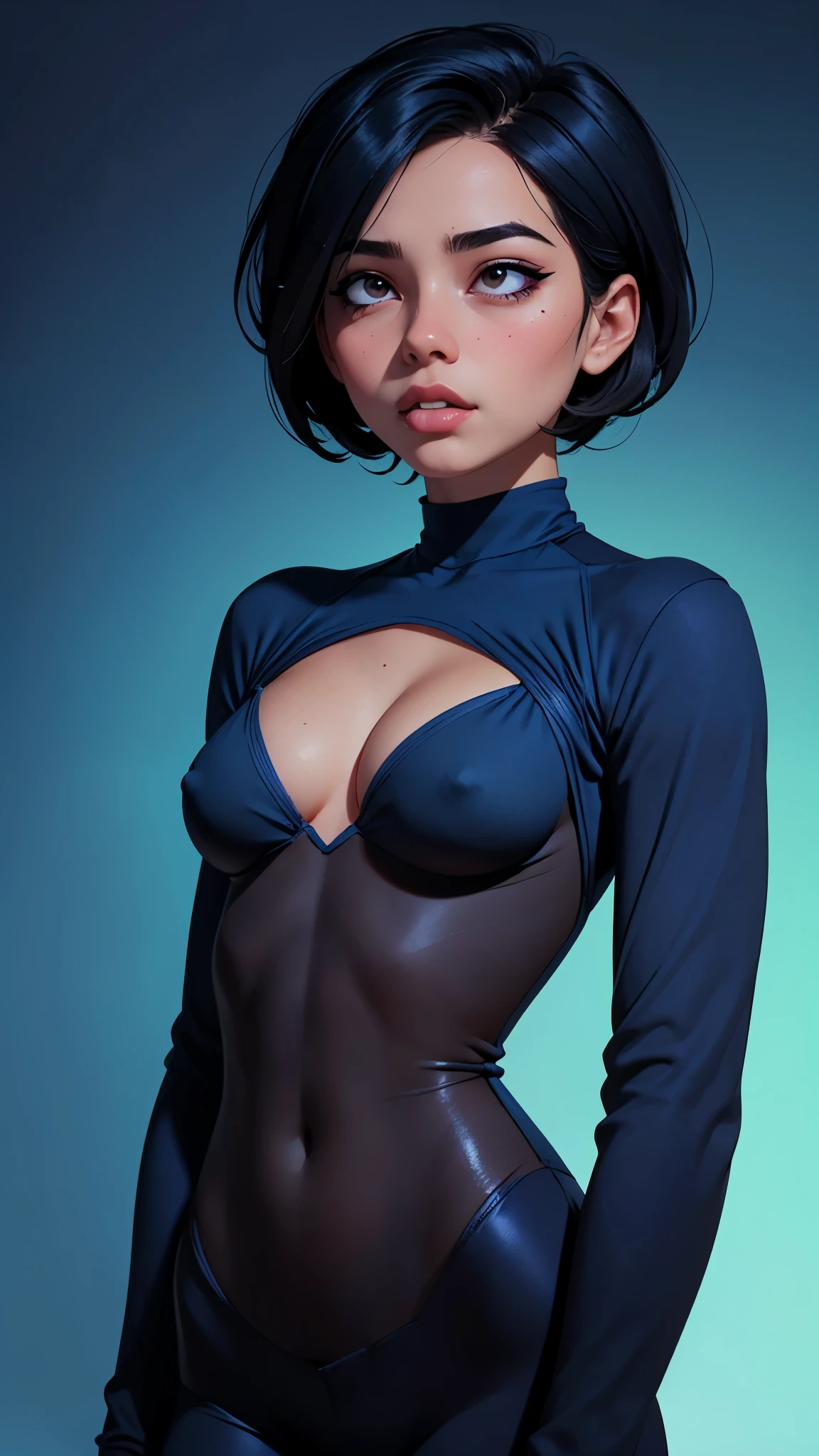 one asian girl, ada wong, solo, abs, slender body, (upper body, bust:1.2), black eyes, black hair, (blue clothes, tiny breasts, small breasts, male chest, cleavage, exposed breasts, deep cleavage:1.5), bare shoulders, masterpiece, highly detailed, look at viewer, shiny blured orange background, gradient sprayed background, front view, gradient red purple background, blured background, glowing edges of image