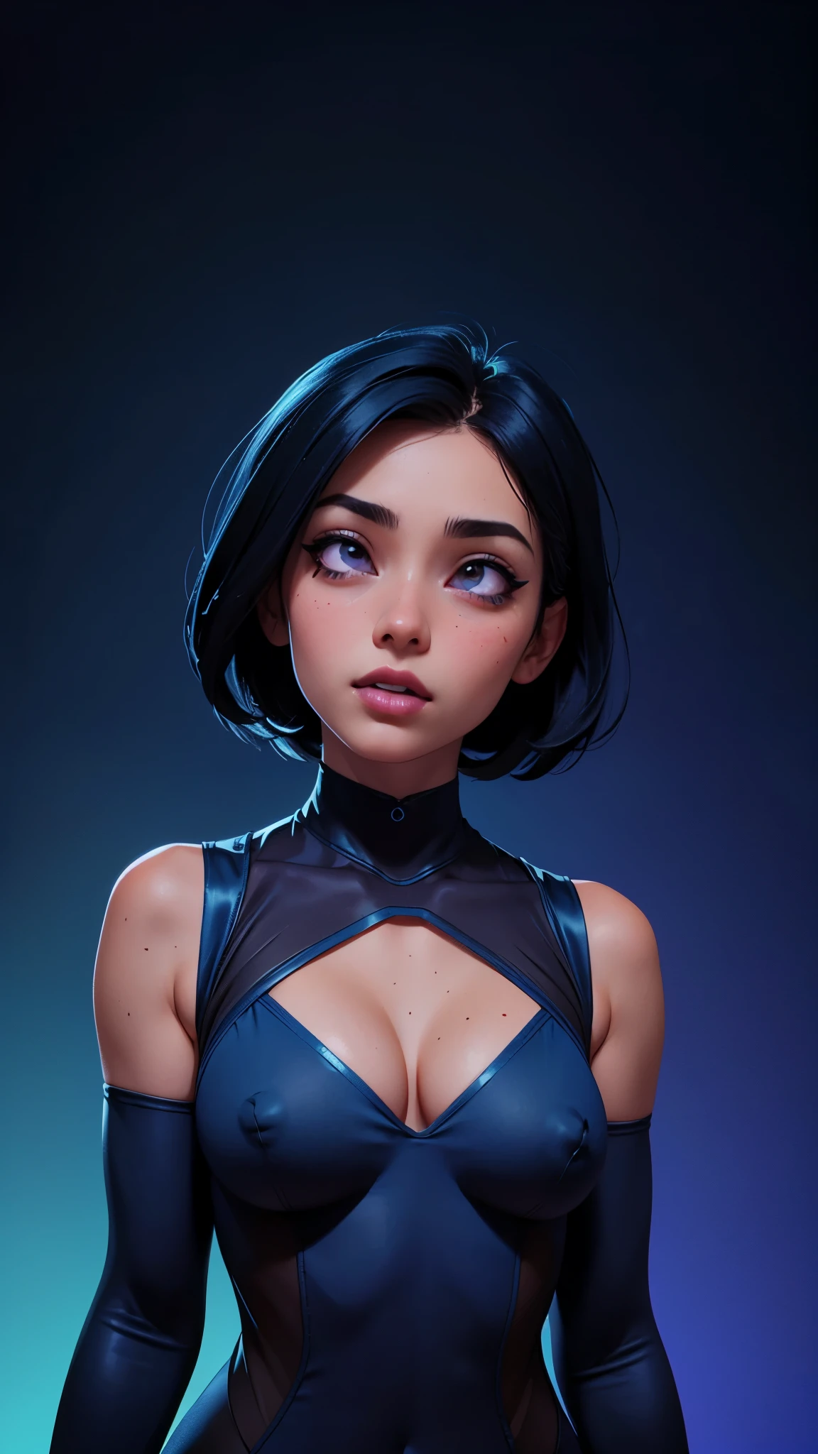 one asian girl, ada wong, solo, abs, slender body, (upper body, bust:1.2), black eyes, black hair, (blue clothes, tiny breasts, small breasts, male chest, cleavage, exposed breasts, deep cleavage:1.5), bare shoulders, masterpiece, highly detailed, look at viewer, shiny blured orange background, gradient sprayed background, front view, gradient red purple background, blured background, glowing edges of image