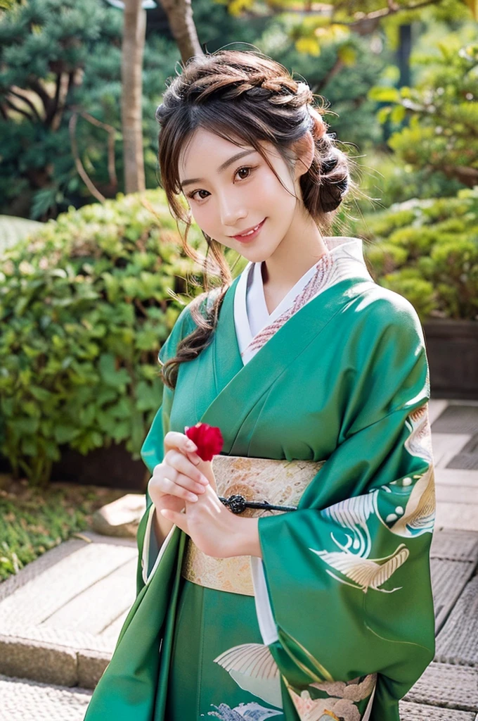 beautiful detail, best quality, 8k, highly detailed face and skin texture, high resolution, beautiful japanese girl in kimono with smile at japanese temple, sharp focus