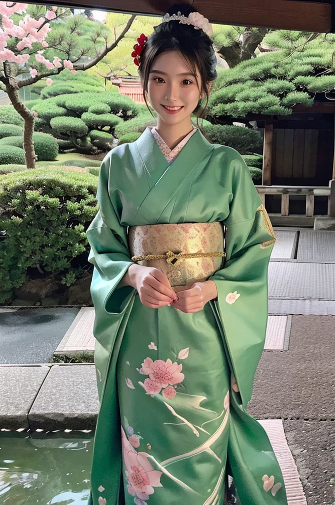beautiful detail, best quality, 8k, highly detailed face and skin texture, high resolution, beautiful japanese girl in kimono with smile at japanese temple, sharp focus