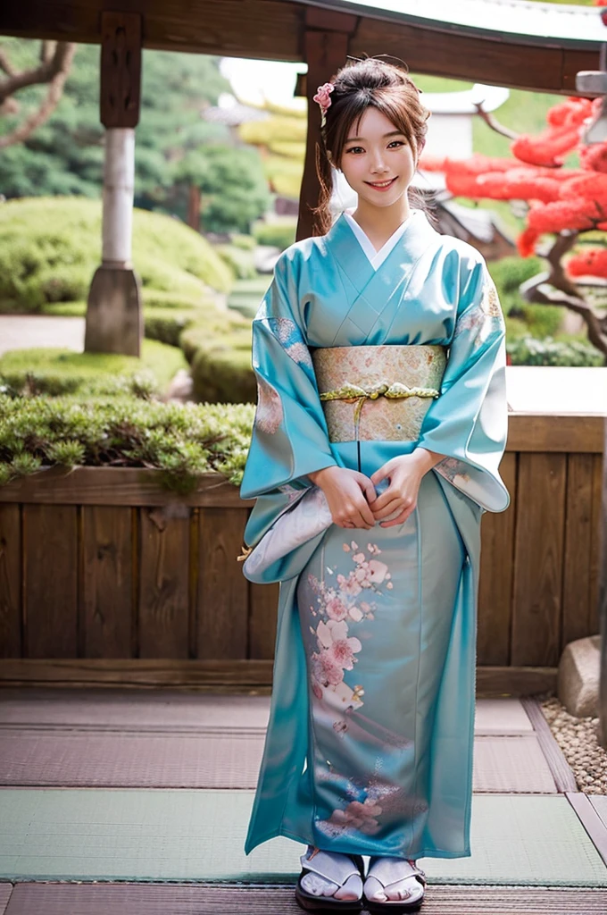 beautiful detail, best quality, 8k, highly detailed face and skin texture, high resolution, beautiful japanese girl in kimono with smile at japanese temple, sharp focus