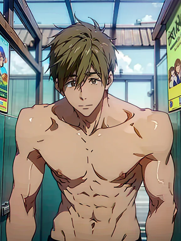 1hombre, Makoto Tachibana, Free! Nadador, toalla, desnudo, bulto, musculoso, torso desnudo,  acostado en camastro, playa, sensual, sudor, sonrisa, rubor, sexi, detallado, full color, (obra maestra), (detallado), (gran calidad), (High Definition).