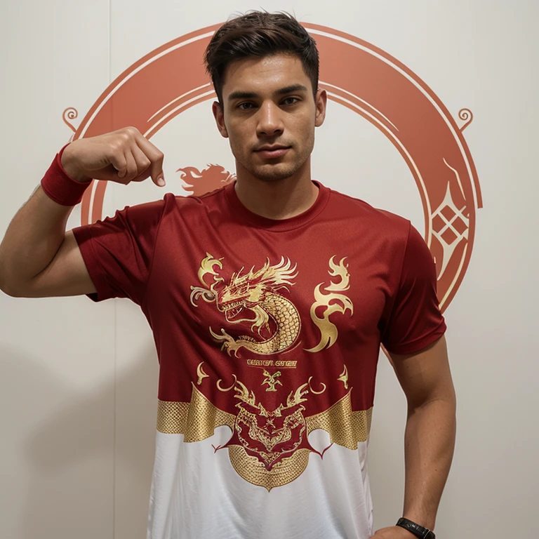 A men&#39;s soccer t-shirt with a red base and a golden dragon design