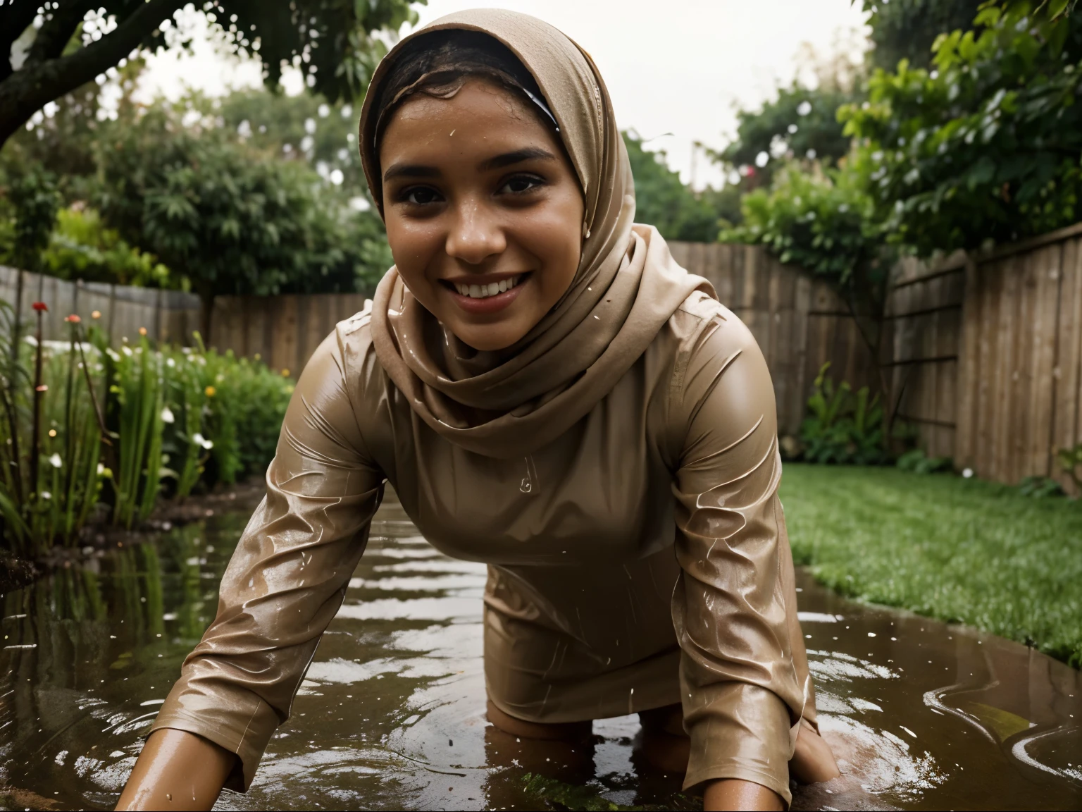 a girl
beautiful in a light brown hijab, wearing a light brown tpu dress, crawling under the drizzle, wet body, full body, wet face, smiling face, drizzly atmosphere, garden background, trees, hyperrealistic, ultraHD,