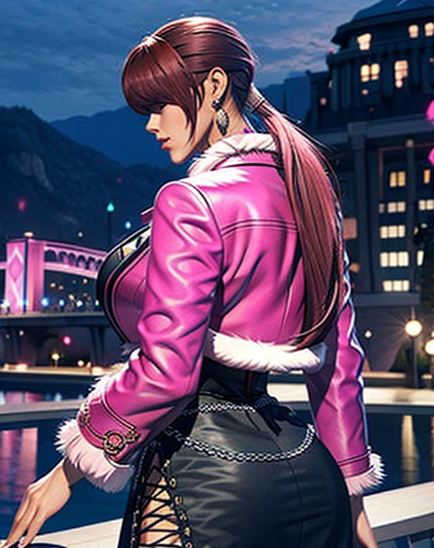 medium shot photo of 1 she1, (dynamic pose), back view,
hair over eyes, earrings, jewelry, cleavage, split ponytail, pink jacket,  fur trim, black dress, 
huge breast, narrow waist, wide pelvic, thigh, 
bridge 