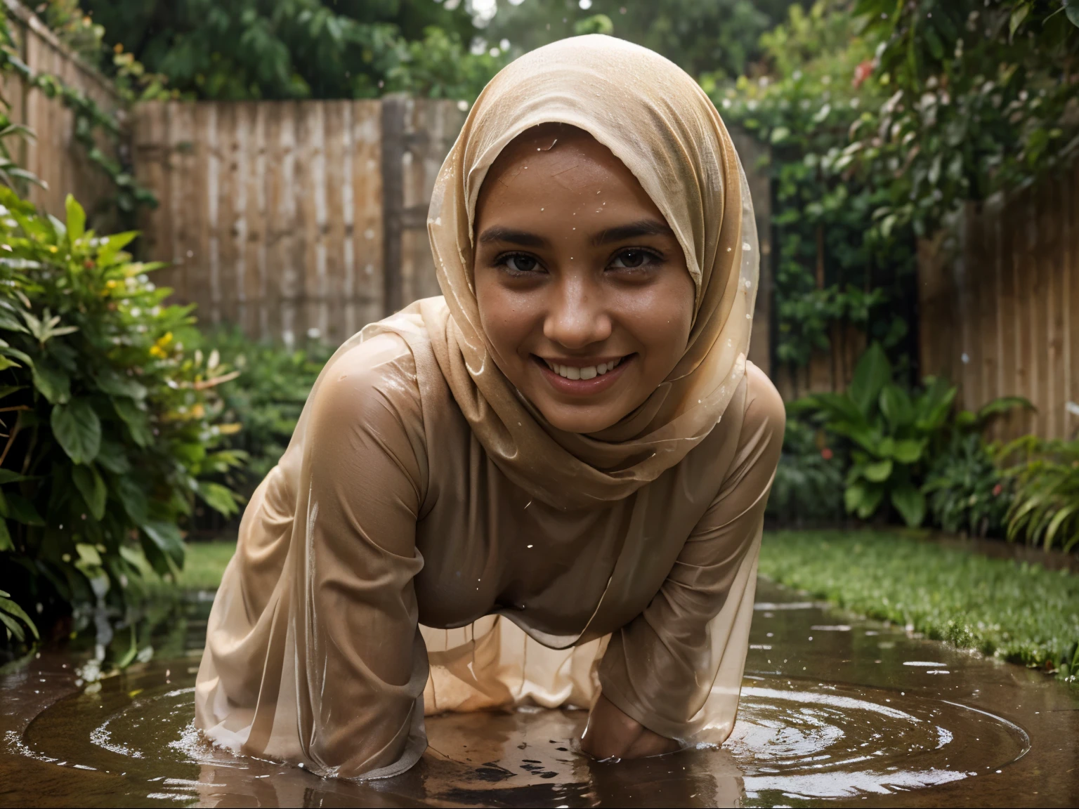 A 52 years old naked Indonesian woman in hijab, very dense pubic hair, dark skin, curvy body, short body, flat-chested, small breasts, villager, poor woman, wearing floral pattern hijab, wearing black long sleeve tight t-shirt, bottomless, wearing no pant, wearing no skirt, wearing no panties, smiling and squatting in the village, look to the viewer with eye close, wet body, wet clothes