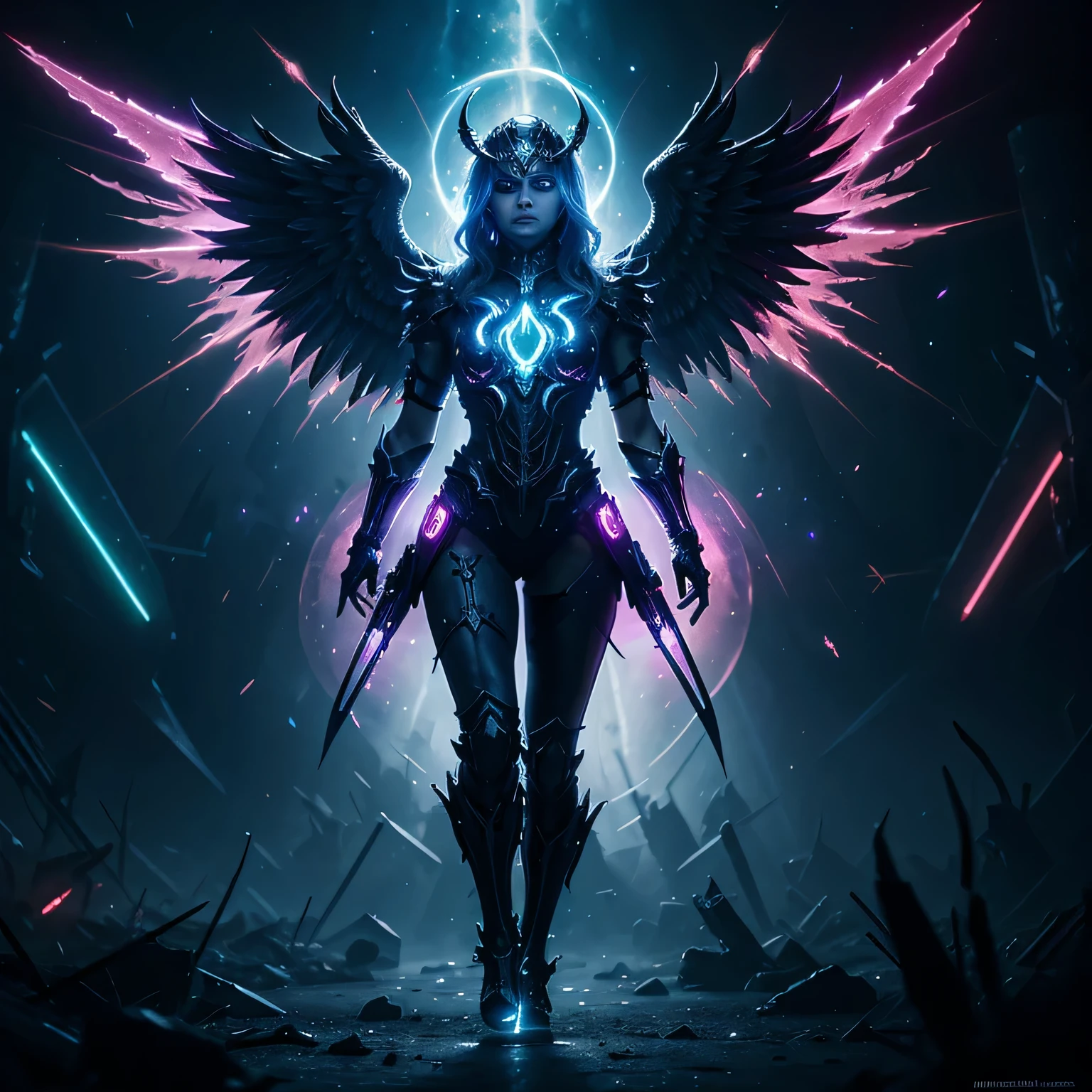 (Masterpiece) Cosmic Fallen Angel, glowing light eyes, Biomechanical, feerie, Creepy, nightmarish, Very bright colors, Light particles, with light glowing, Mshiff, wallpaper art, UHD wallpaper